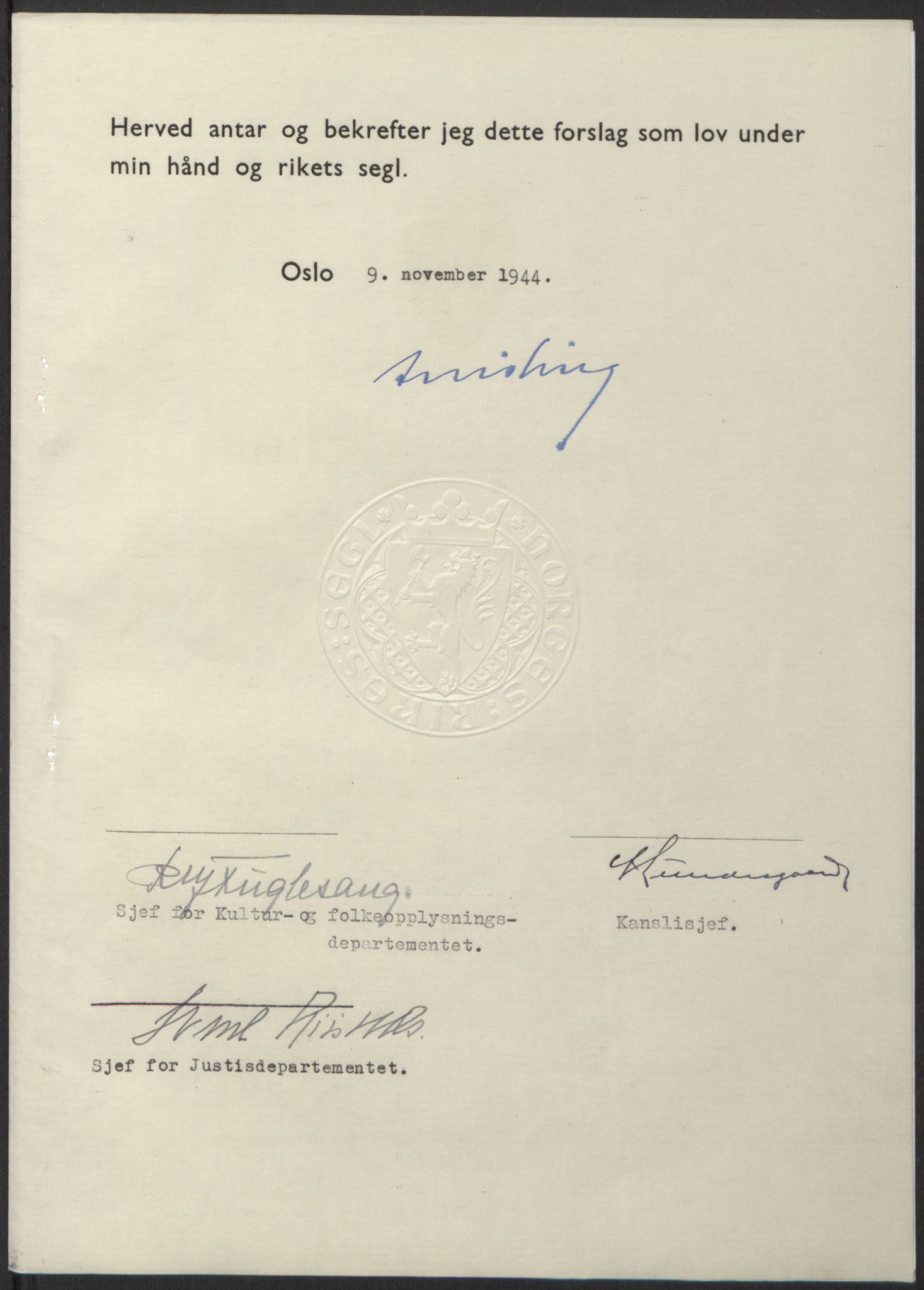 NS-administrasjonen 1940-1945 (Statsrådsekretariatet, de kommisariske statsråder mm), RA/S-4279/D/Db/L0100: Lover, 1944, s. 569