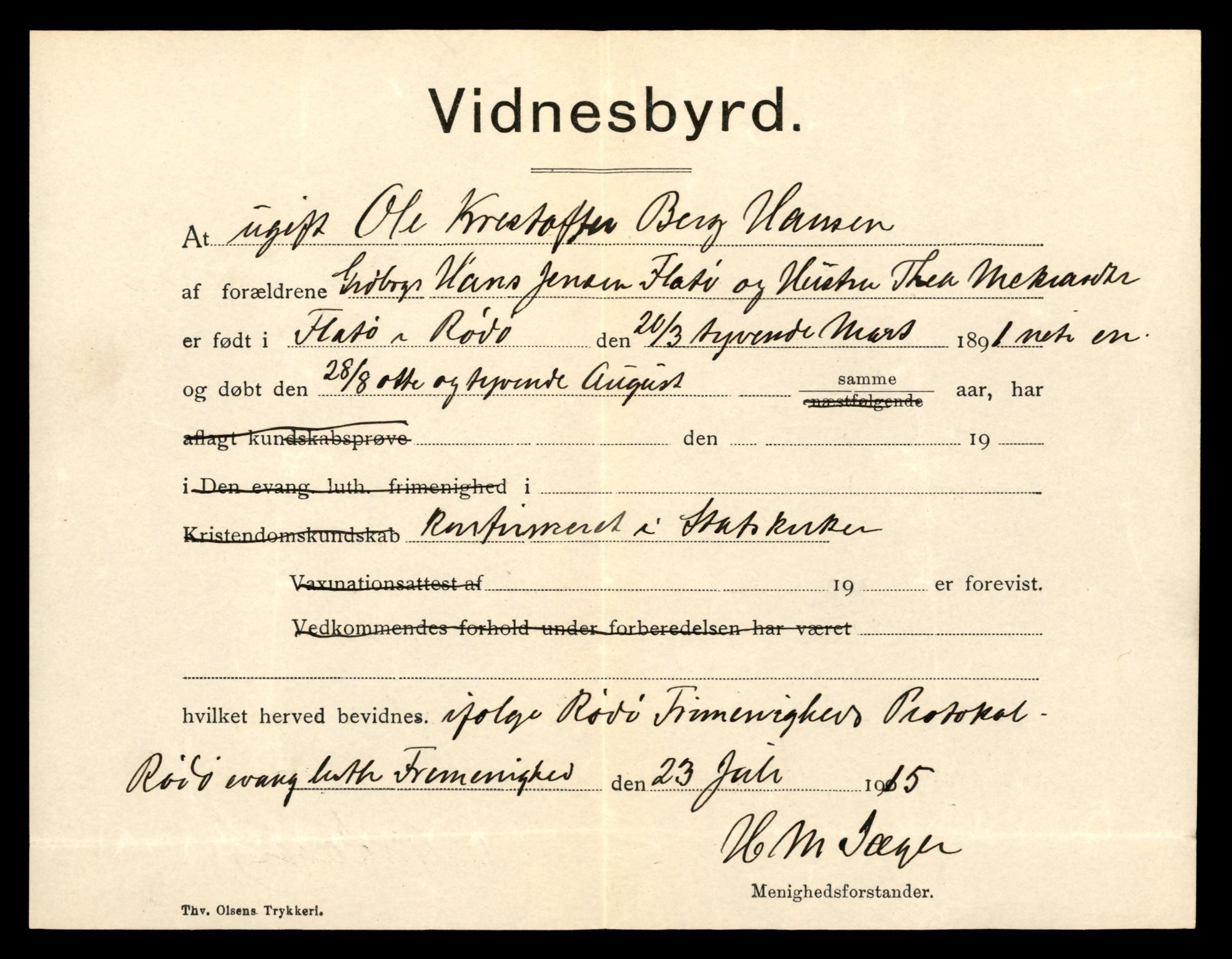 Bodø byfogd, AV/SAT-A-4588/1/6/6E/L0001: Vigsler, 1909-1916, s. 91