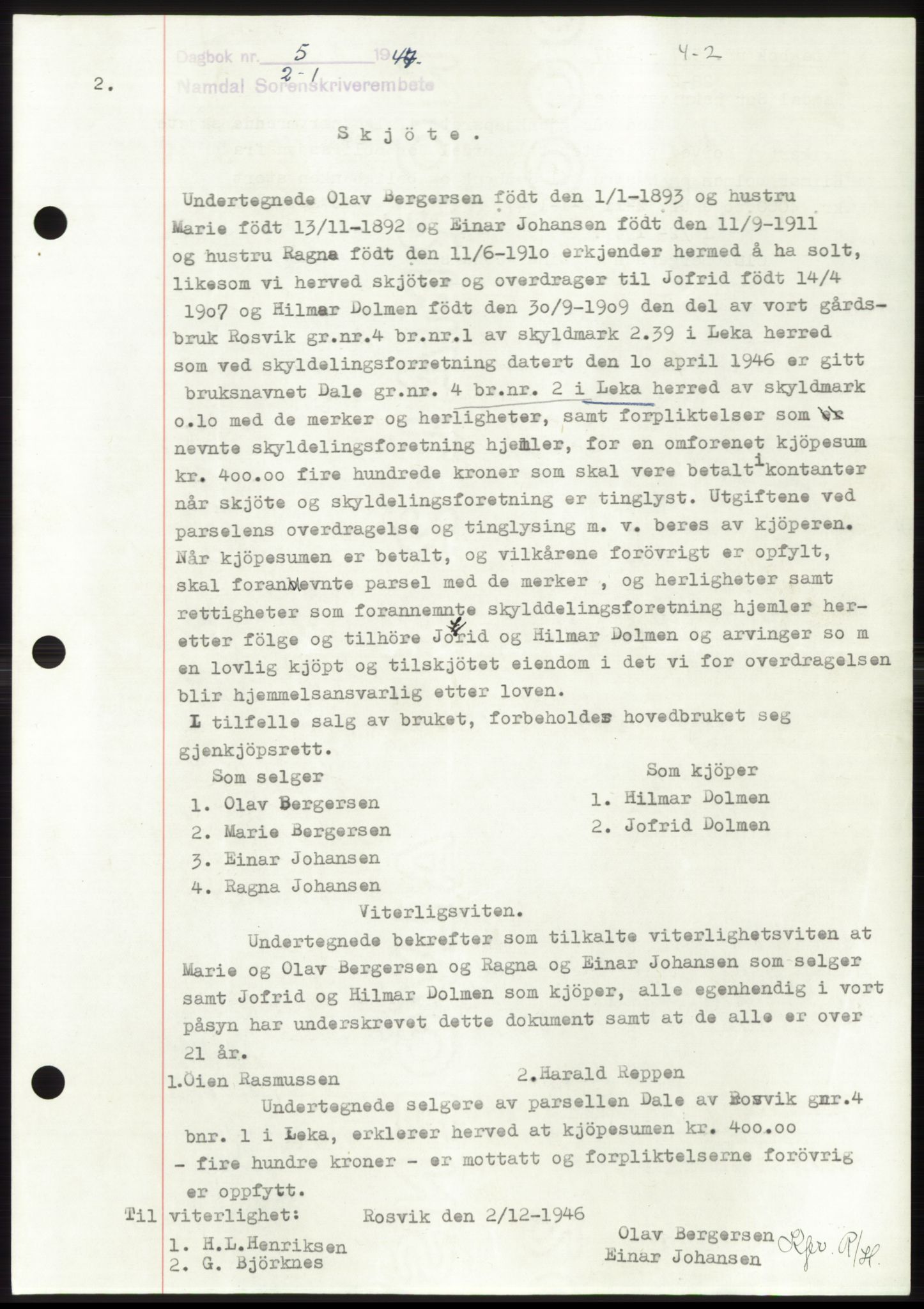 Namdal sorenskriveri, SAT/A-4133/1/2/2C: Pantebok nr. -, 1946-1947, Dagboknr: 5/1947