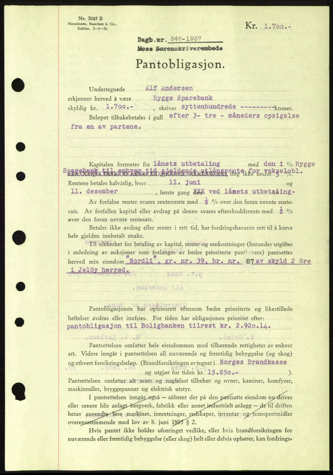 Moss sorenskriveri, SAO/A-10168: Pantebok nr. B3, 1937-1937, Dagboknr: 348/1937