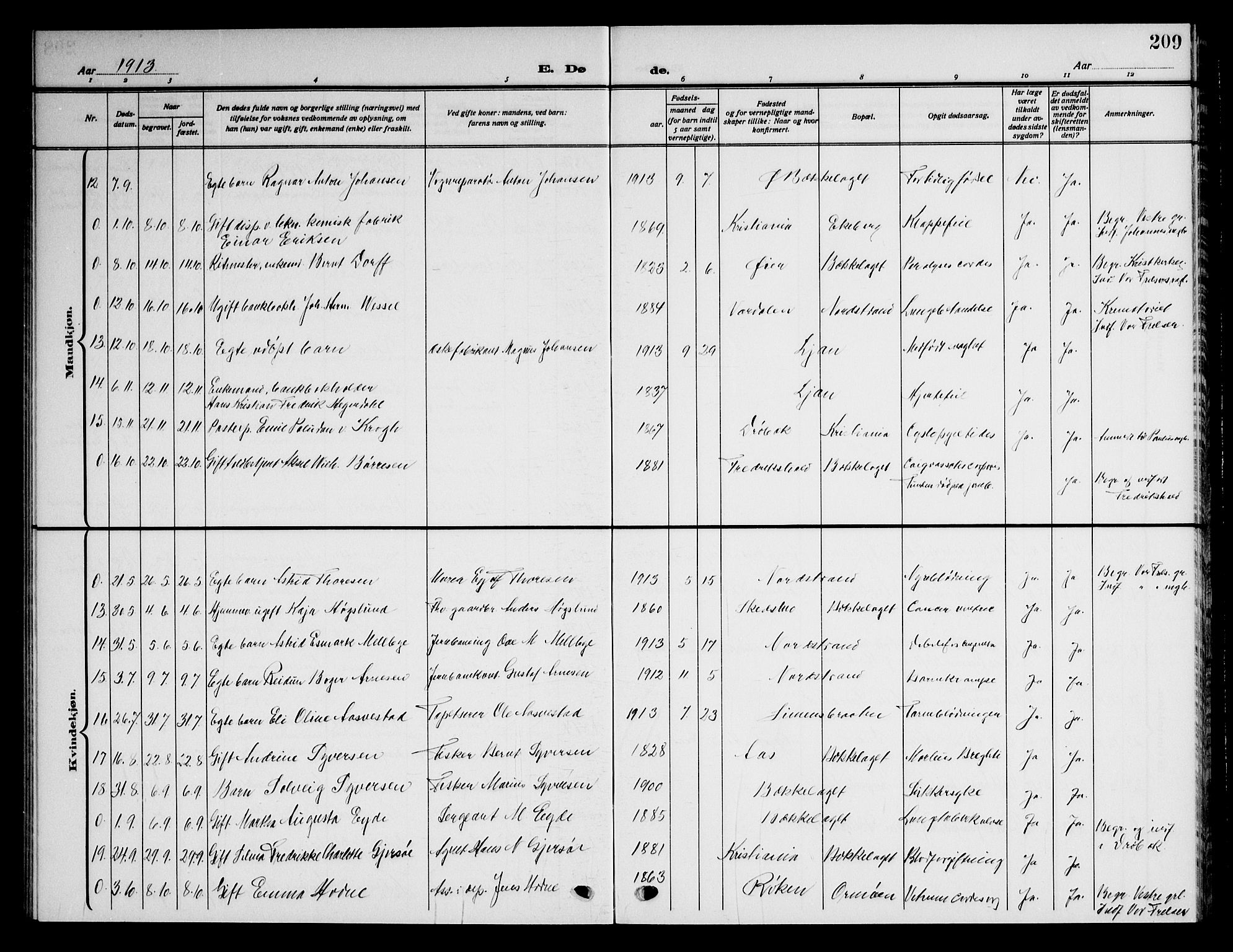 Nordstrand prestekontor Kirkebøker, AV/SAO-A-10362a/G/Ga/L0001: Klokkerbok nr. I 1, 1911-1918, s. 209