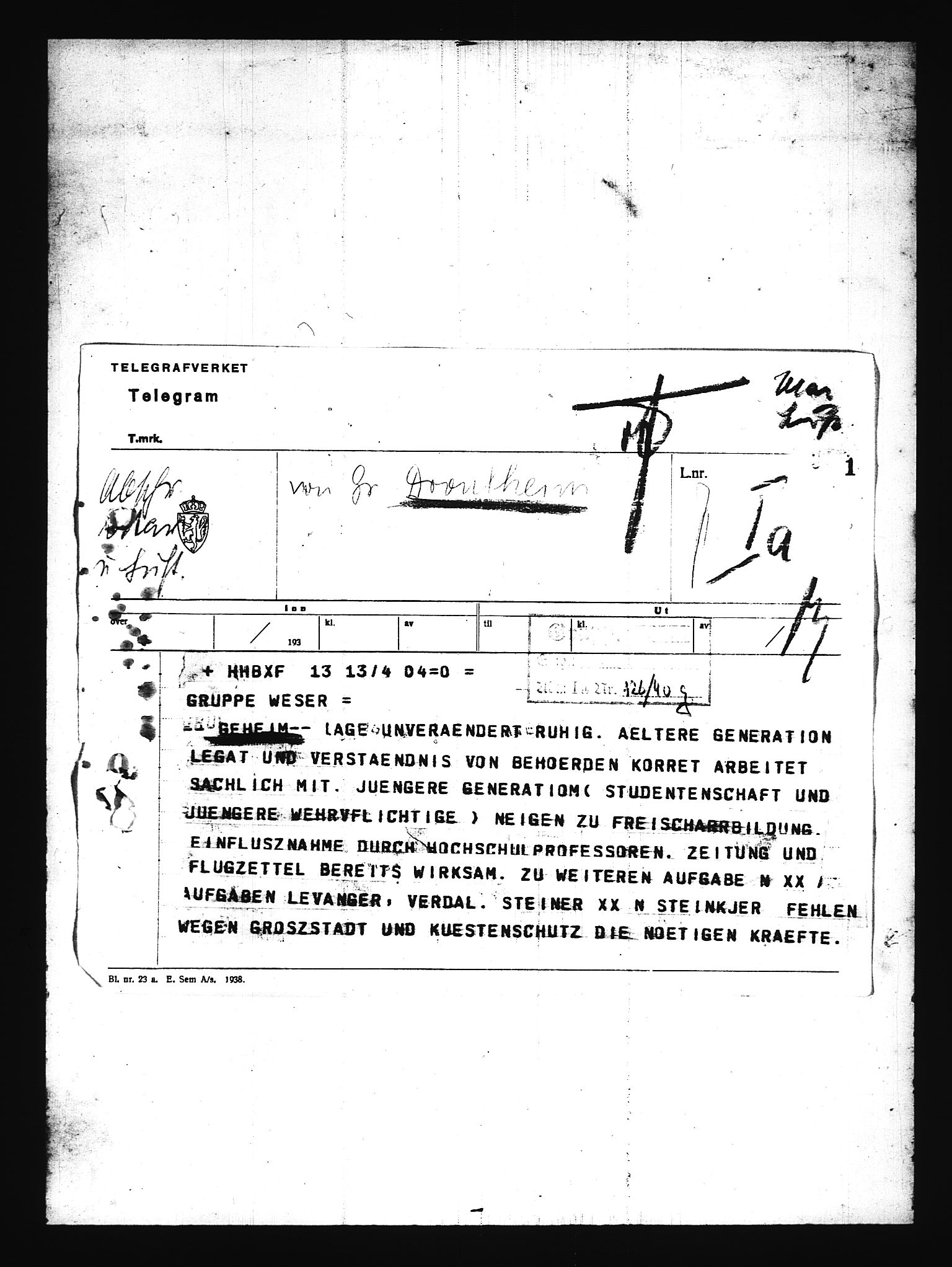 Documents Section, RA/RAFA-2200/V/L0076: Amerikansk mikrofilm "Captured German Documents".
Box No. 715.  FKA jnr. 619/1954., 1940, s. 184