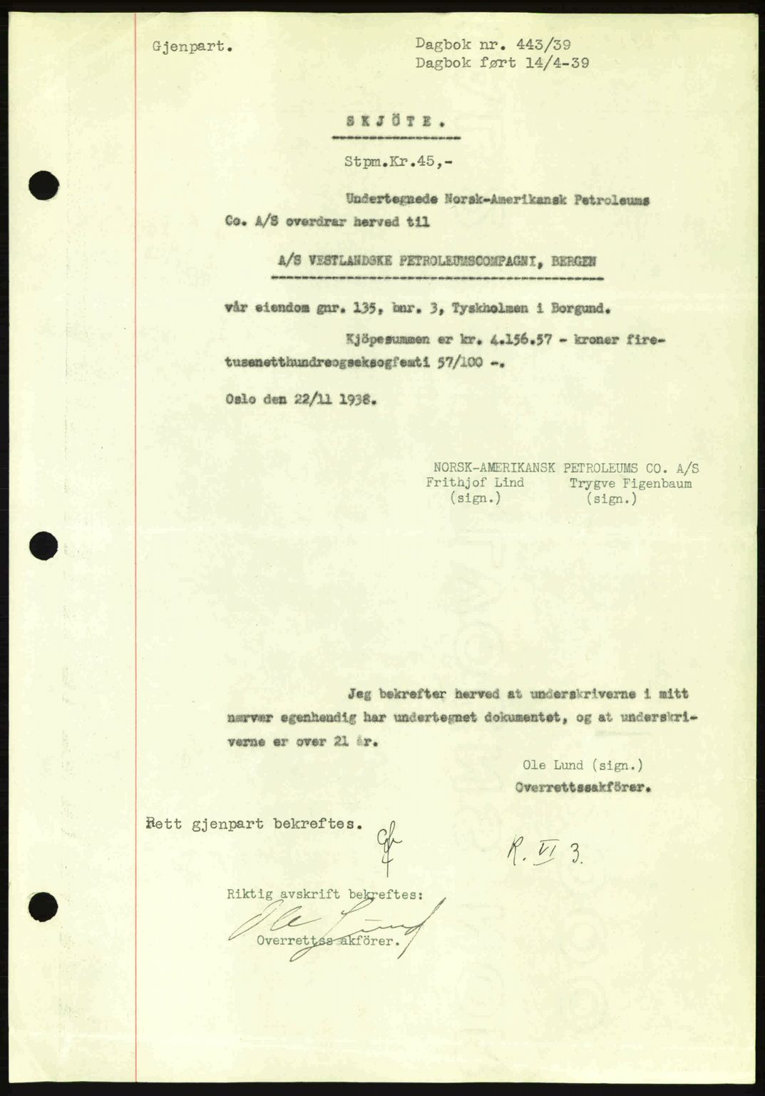 Ålesund byfogd, AV/SAT-A-4384: Pantebok nr. 34 II, 1938-1940, Dagboknr: 443/1939