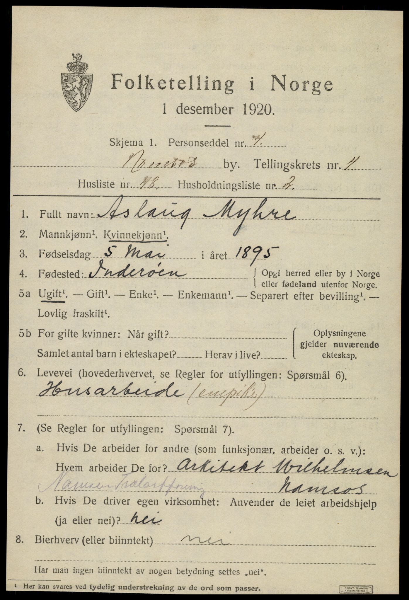 SAT, Folketelling 1920 for 1703 Namsos ladested, 1920, s. 5613