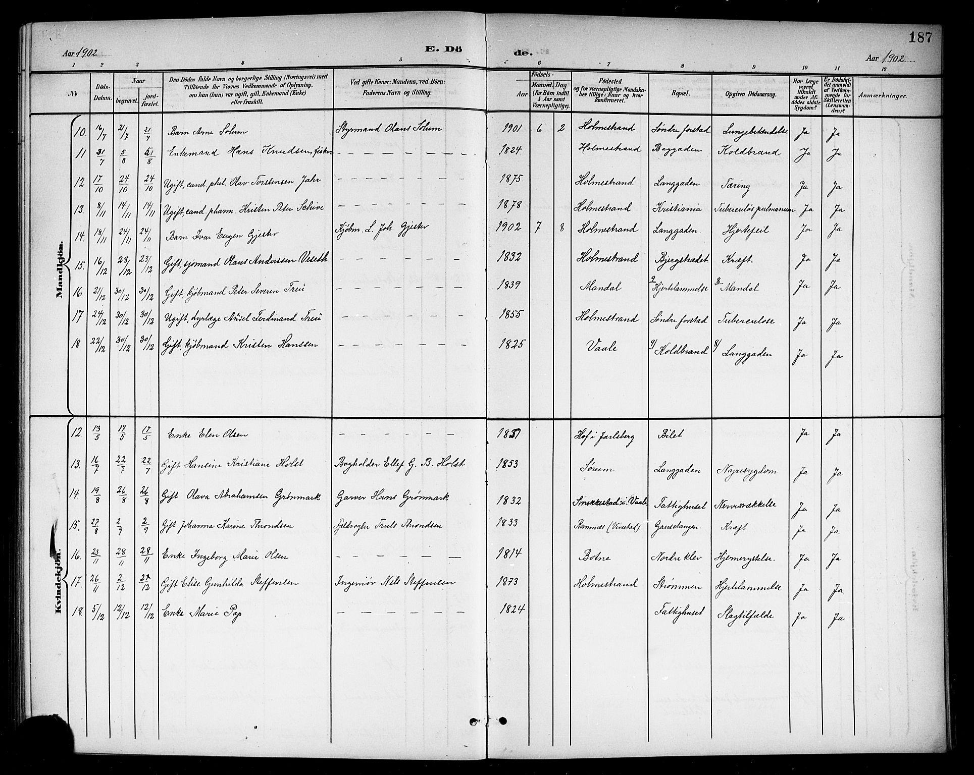 Holmestrand kirkebøker, AV/SAKO-A-346/G/Ga/L0006: Klokkerbok nr. 6, 1901-1923, s. 187