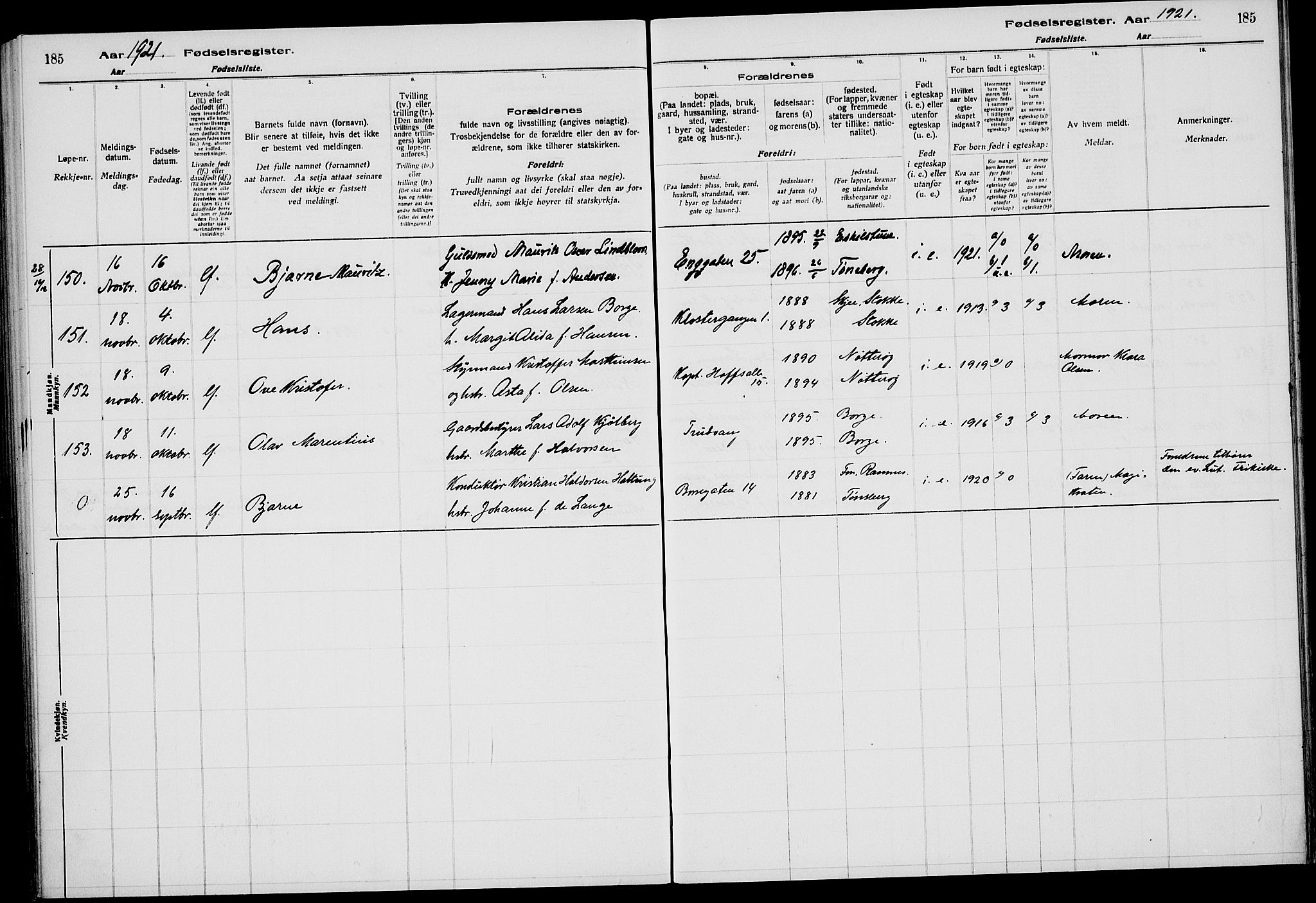 Tønsberg kirkebøker, AV/SAKO-A-330/J/Ja/L0001: Fødselsregister nr. 1, 1916-1922, s. 185