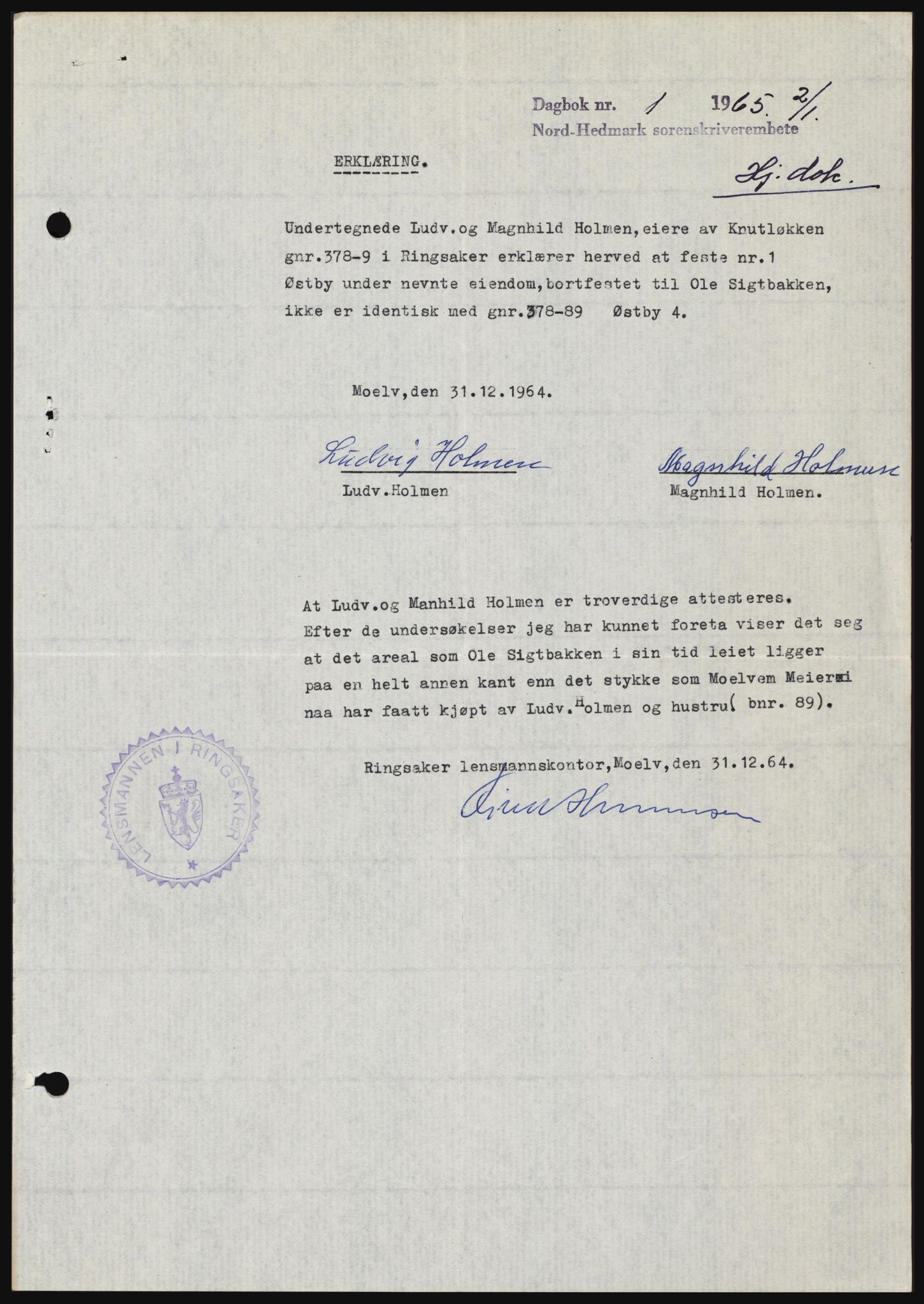 Nord-Hedmark sorenskriveri, SAH/TING-012/H/Hc/L0021: Pantebok nr. 21, 1964-1965, Dagboknr: 1/1965