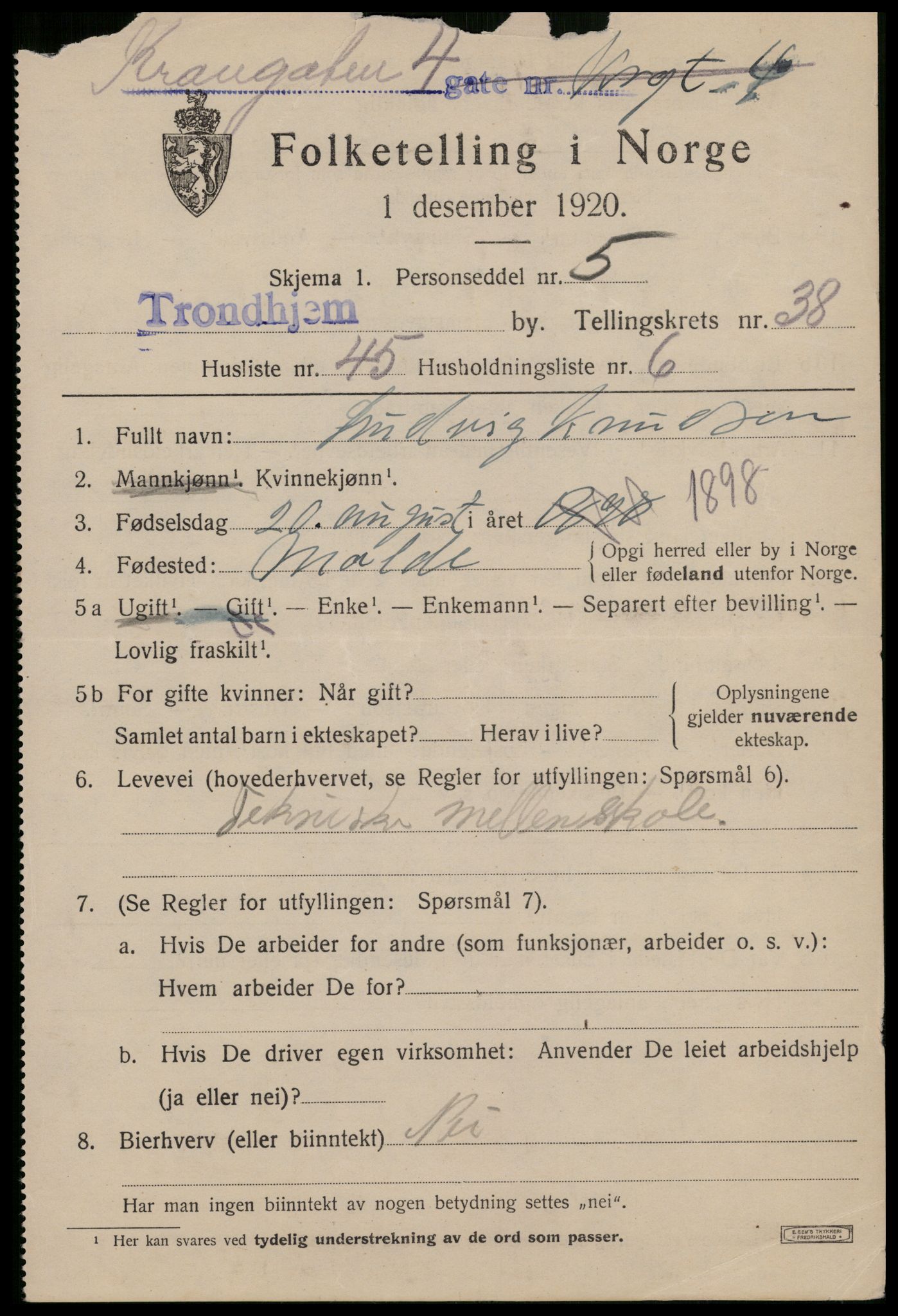 SAT, Folketelling 1920 for 1601 Trondheim kjøpstad, 1920, s. 87820