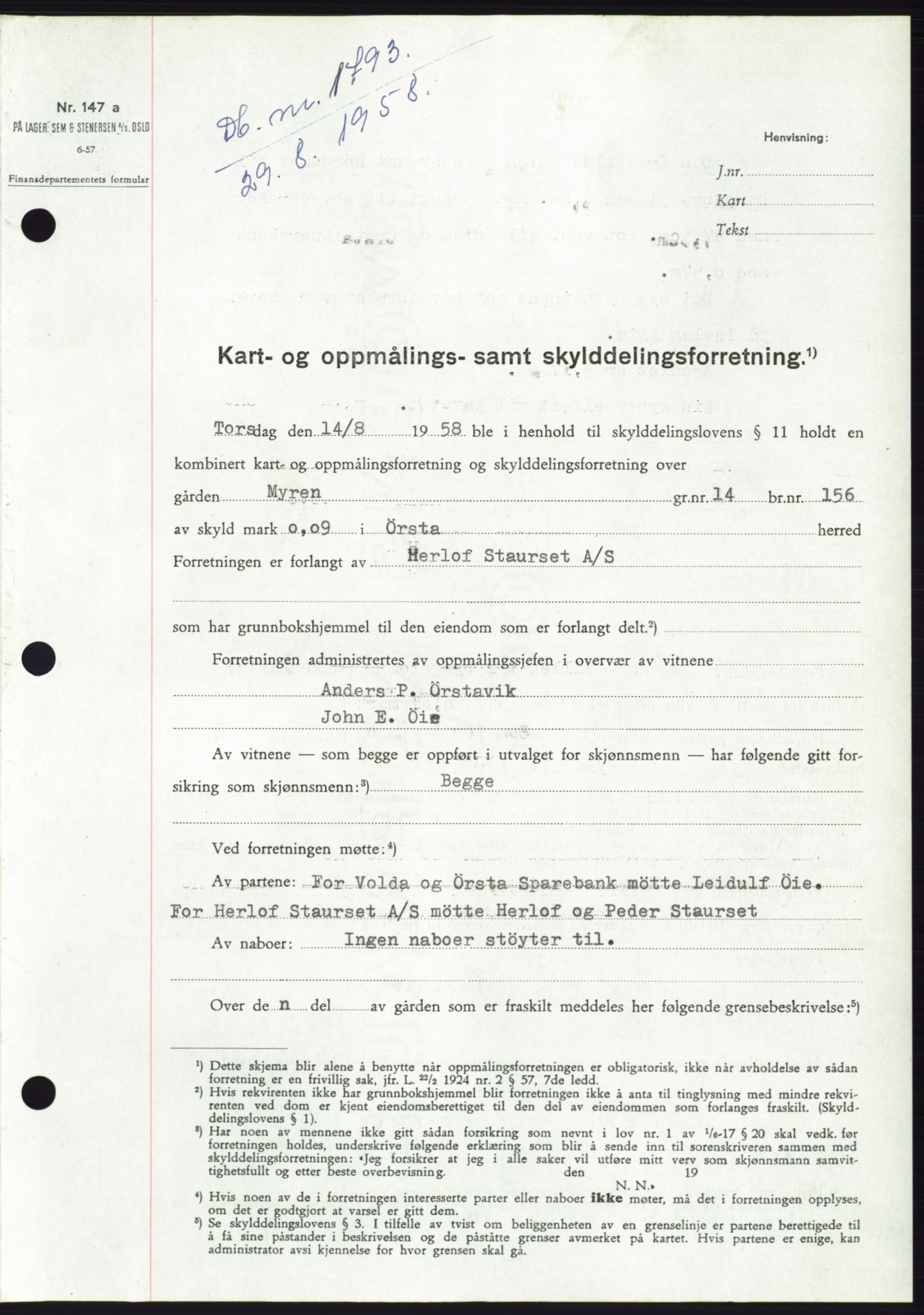 Søre Sunnmøre sorenskriveri, AV/SAT-A-4122/1/2/2C/L0110: Pantebok nr. 36A, 1958-1958, Dagboknr: 1793/1958