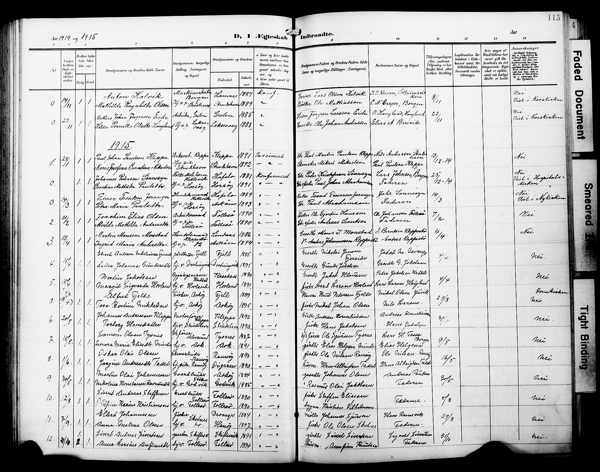 Askøy Sokneprestembete, AV/SAB-A-74101/H/Ha/Hab/Haba/L0014: Klokkerbok nr. A 14, 1904-1927, s. 115