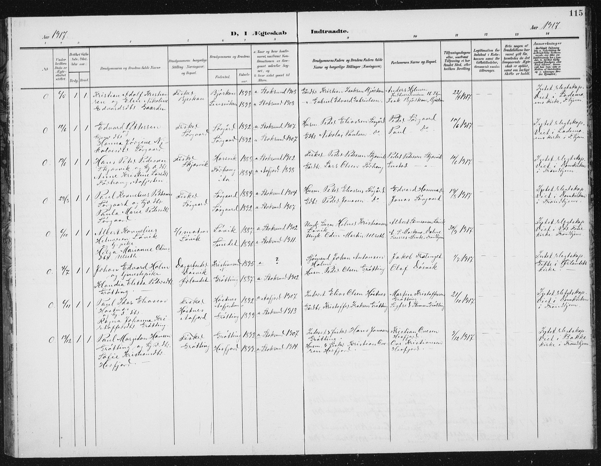 Ministerialprotokoller, klokkerbøker og fødselsregistre - Sør-Trøndelag, SAT/A-1456/656/L0699: Klokkerbok nr. 656C05, 1905-1920, s. 115