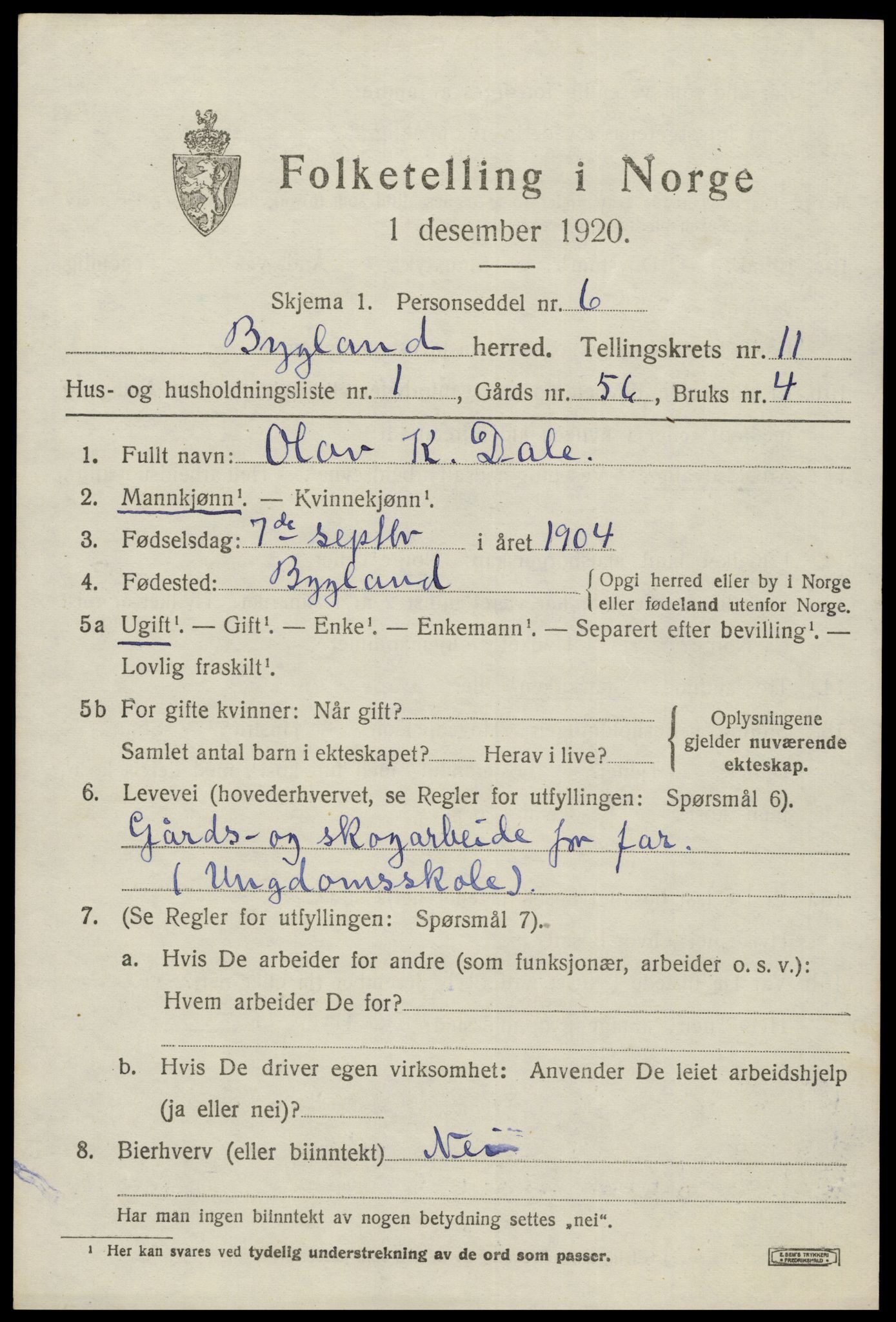 SAK, Folketelling 1920 for 0938 Bygland herred, 1920, s. 4135