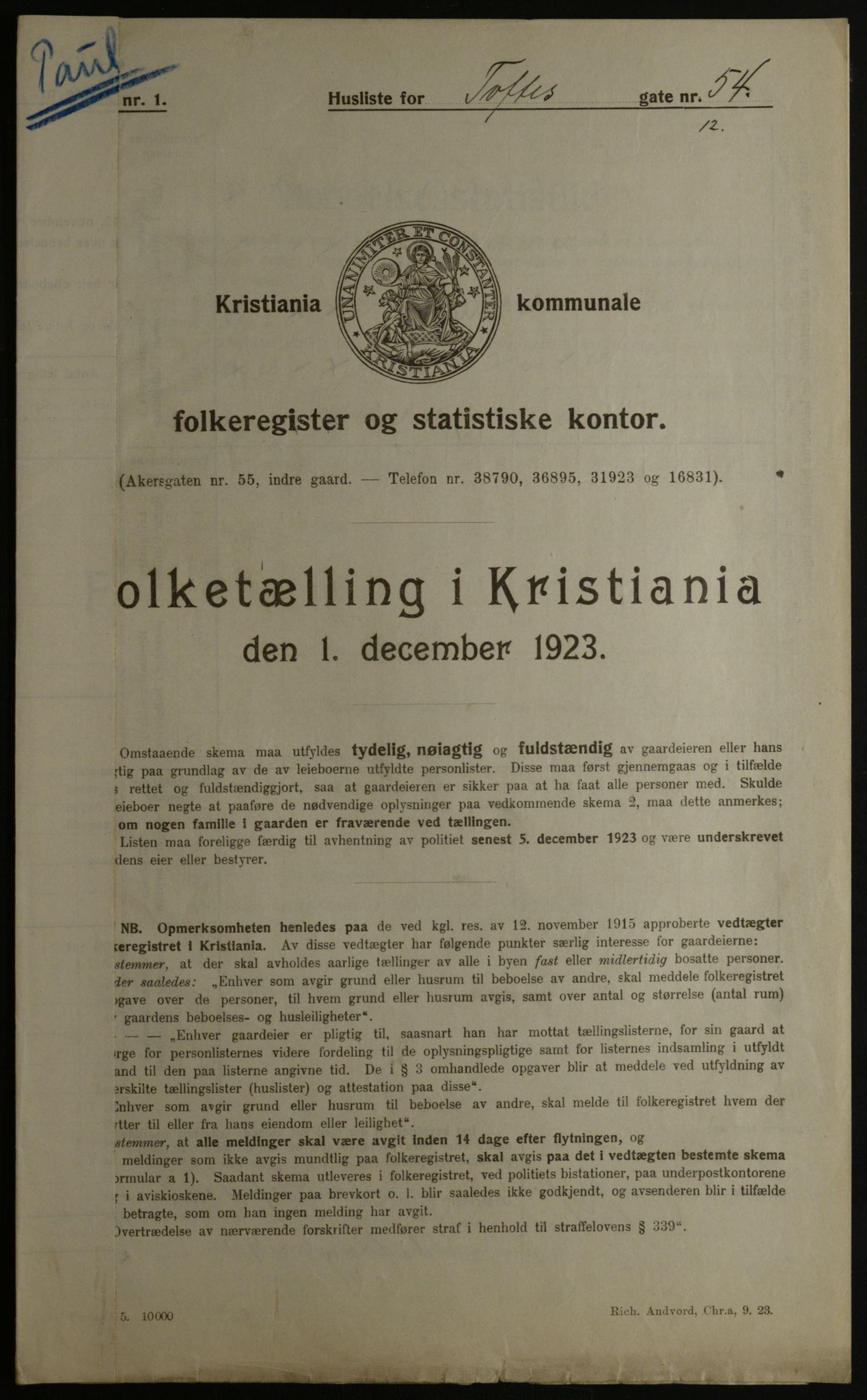 OBA, Kommunal folketelling 1.12.1923 for Kristiania, 1923, s. 124541