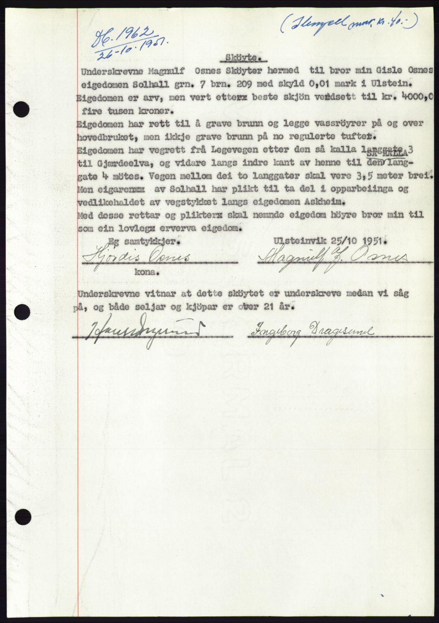 Søre Sunnmøre sorenskriveri, AV/SAT-A-4122/1/2/2C/L0090: Pantebok nr. 16A, 1951-1951, Dagboknr: 1962/1951