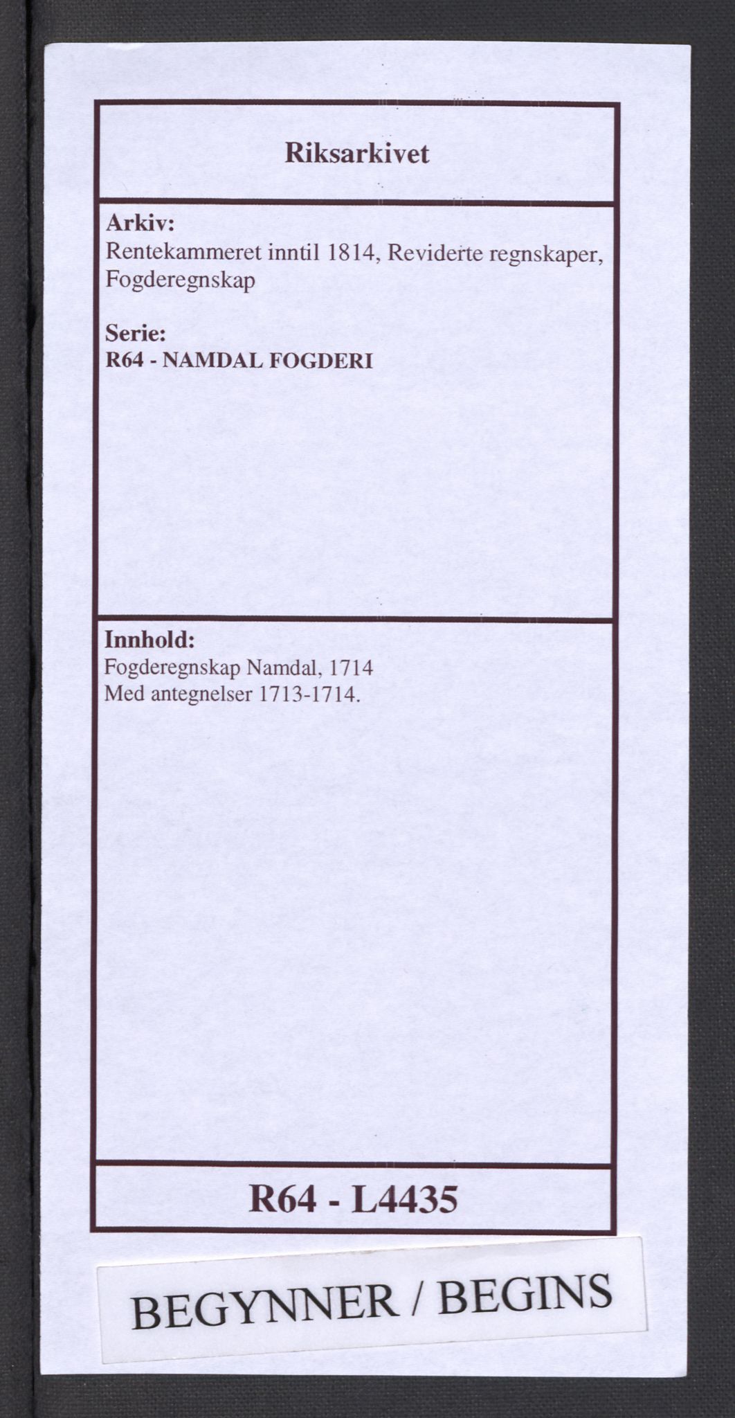 Rentekammeret inntil 1814, Reviderte regnskaper, Fogderegnskap, RA/EA-4092/R64/L4435: Fogderegnskap Namdal, 1714, s. 1