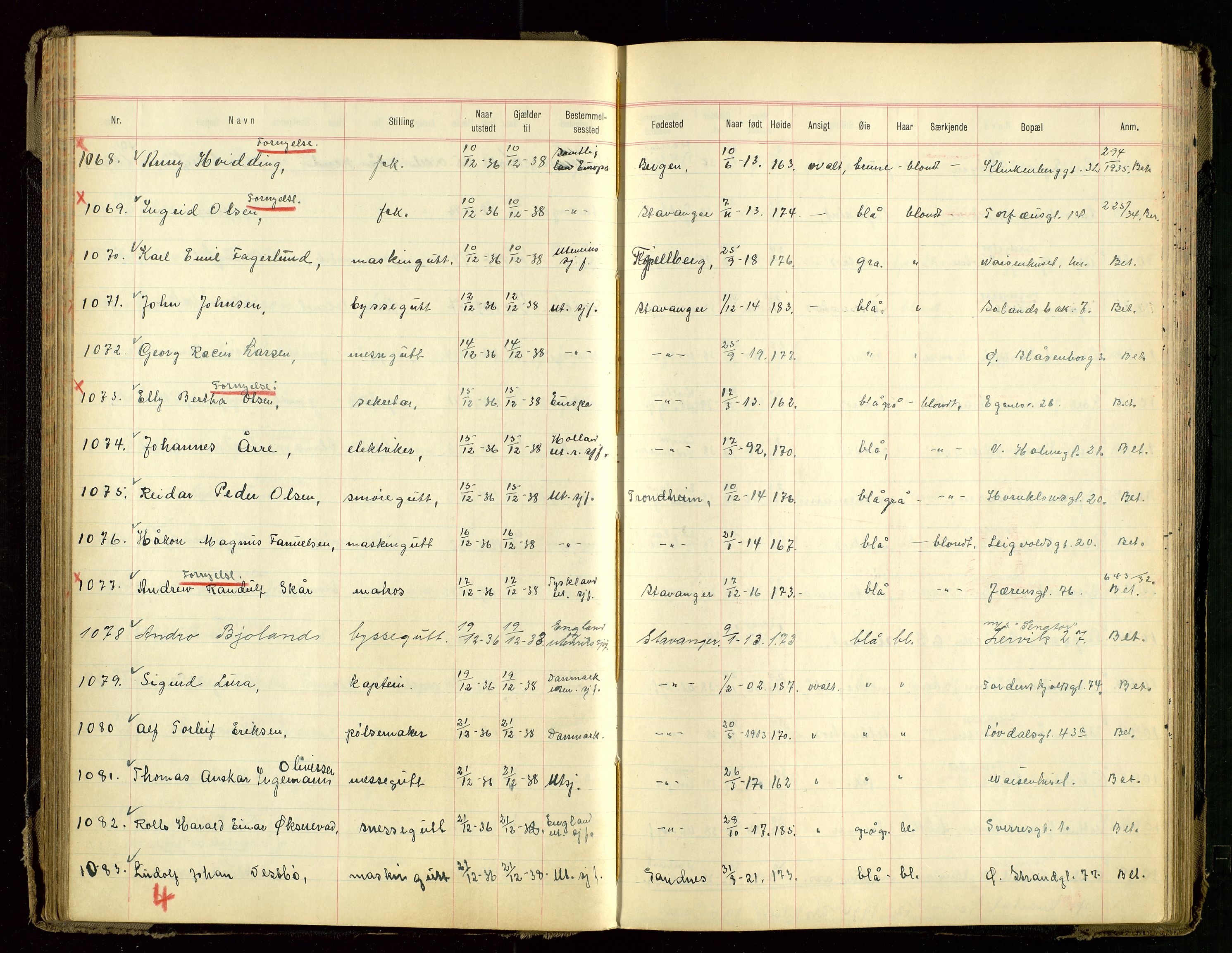 Stavanger politikammer, AV/SAST-A-100361/001/H/Hc/Hcd/Hcdb/L0001: "Passprotokoll", 1935-1939, s. 67