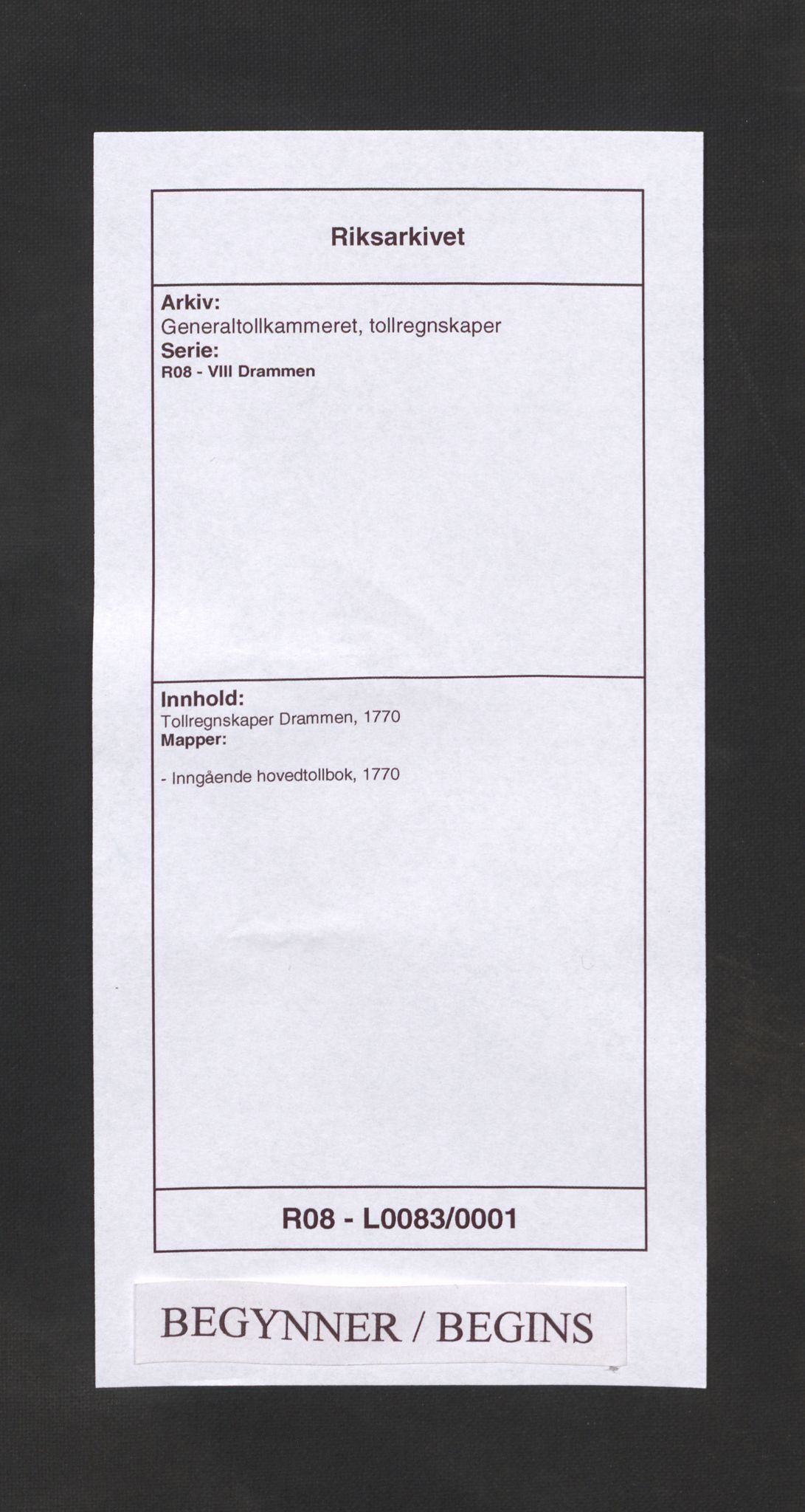 Generaltollkammeret, tollregnskaper, RA/EA-5490/R08/L0083/0001: Tollregnskaper Drammen / Inngående hovedtollbok, 1770