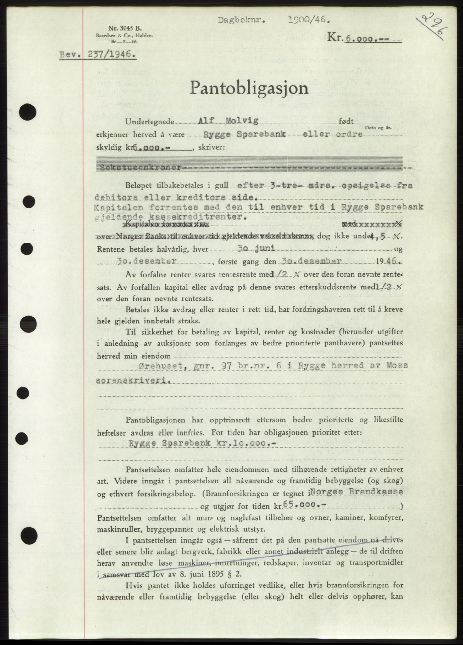 Moss sorenskriveri, SAO/A-10168: Pantebok nr. B15, 1946-1946, Dagboknr: 1900/1946