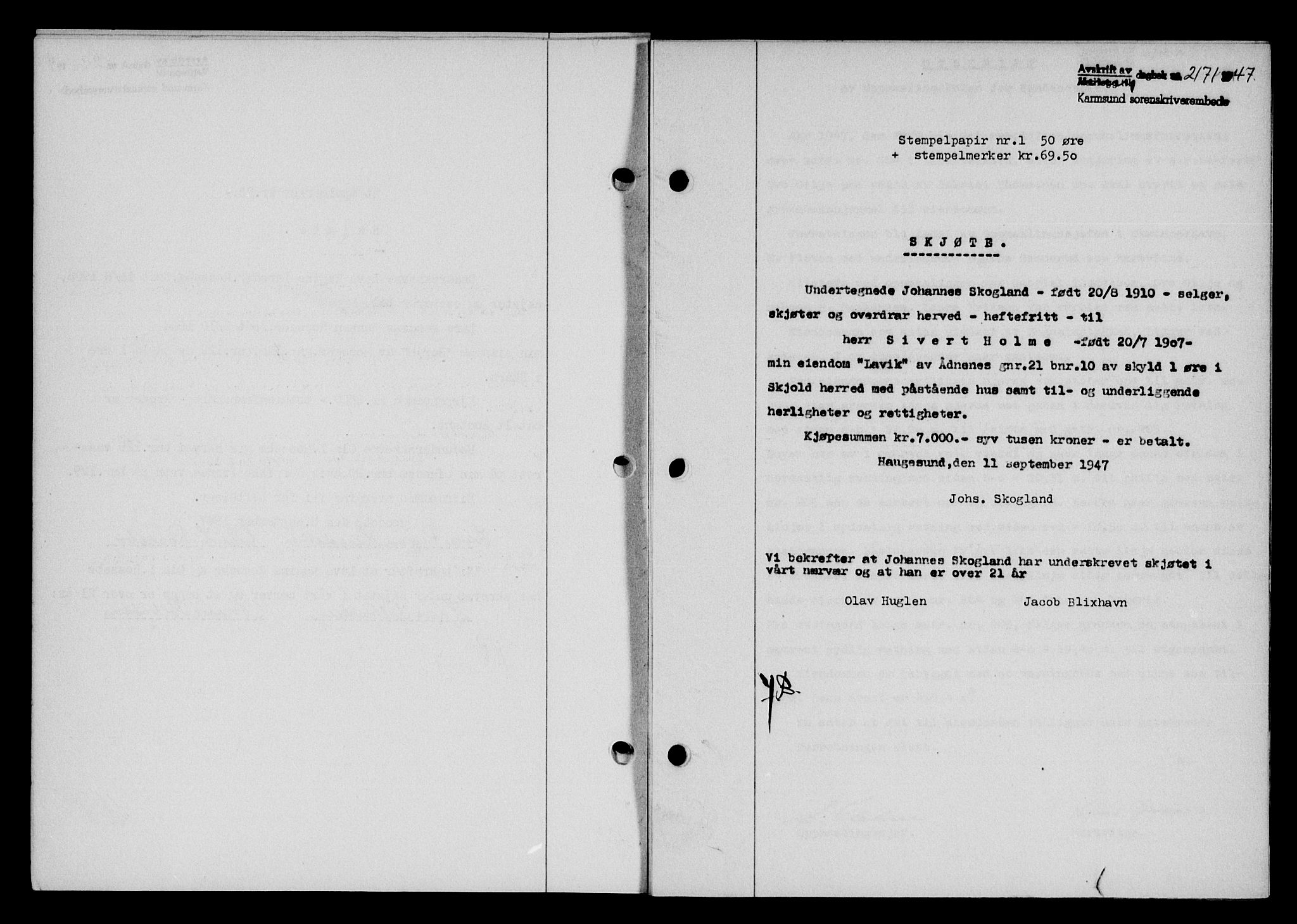 Karmsund sorenskriveri, SAST/A-100311/01/II/IIB/L0090: Pantebok nr. 70A, 1947-1947, Dagboknr: 2171/1947
