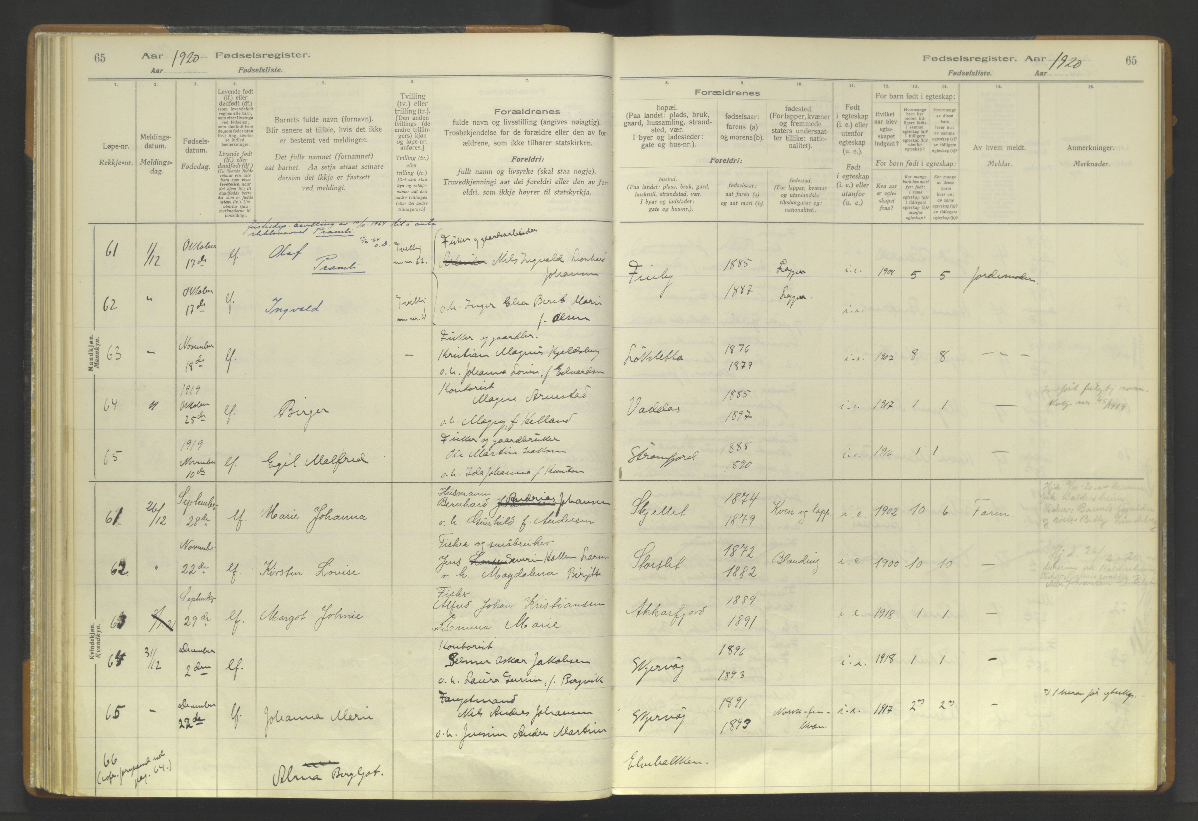 Skjervøy sokneprestkontor, AV/SATØ-S-1300/I/Ia/L0056: Fødselsregister nr. 56, 1916-1932, s. 65