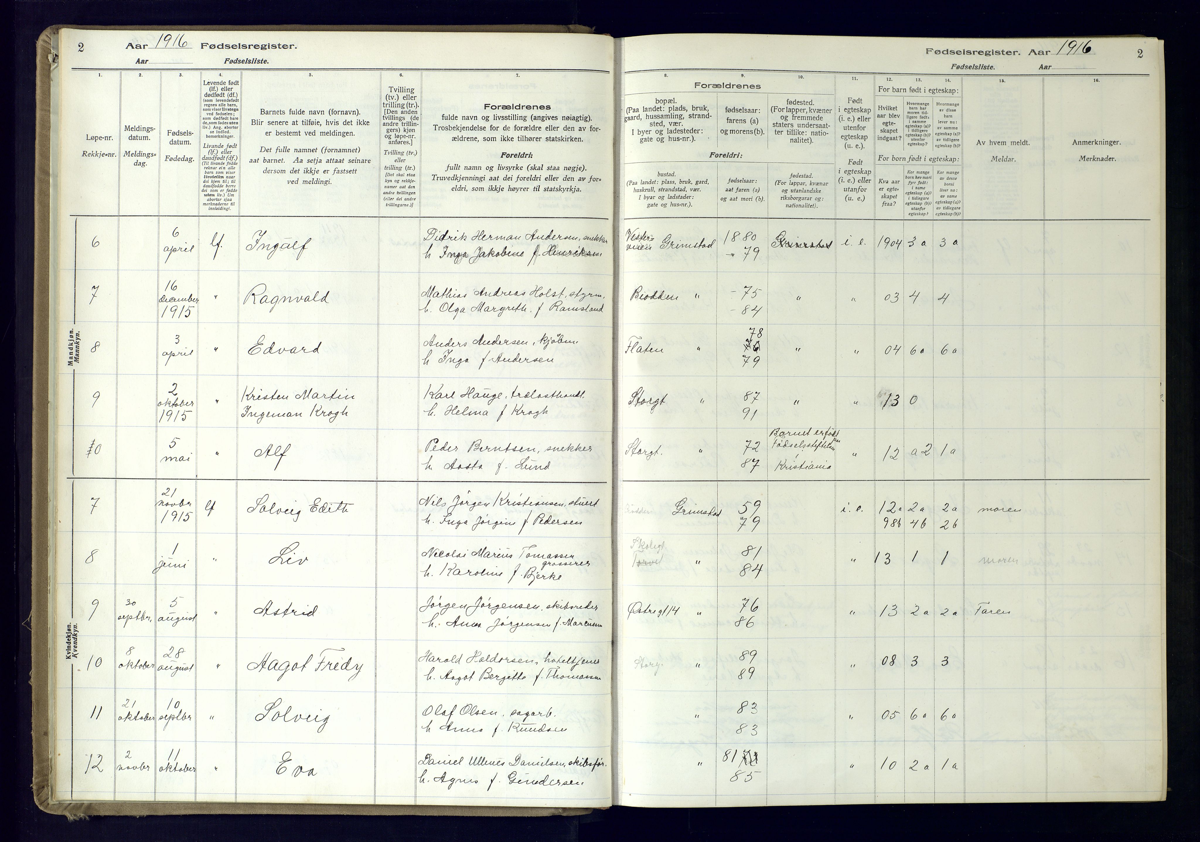 Grimstad sokneprestkontor, SAK/1111-0017/J/Ja/L0001: Fødselsregister nr. 1, 1916-1960, s. 2