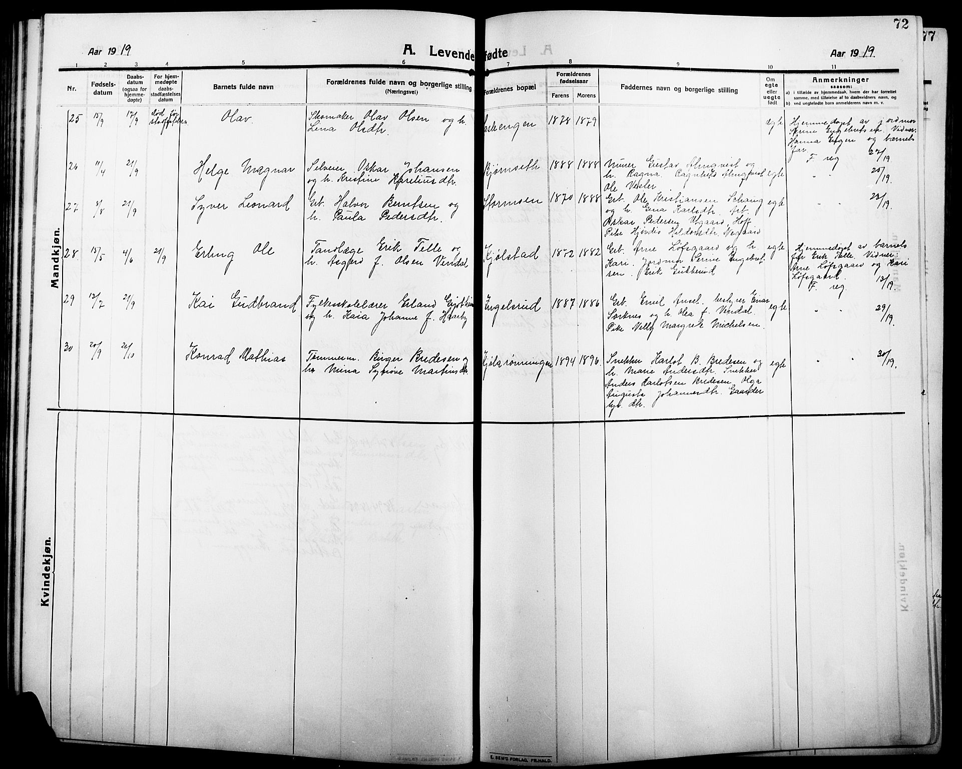 Åsnes prestekontor, AV/SAH-PREST-042/H/Ha/Hab/L0007: Klokkerbok nr. 7, 1909-1926, s. 72