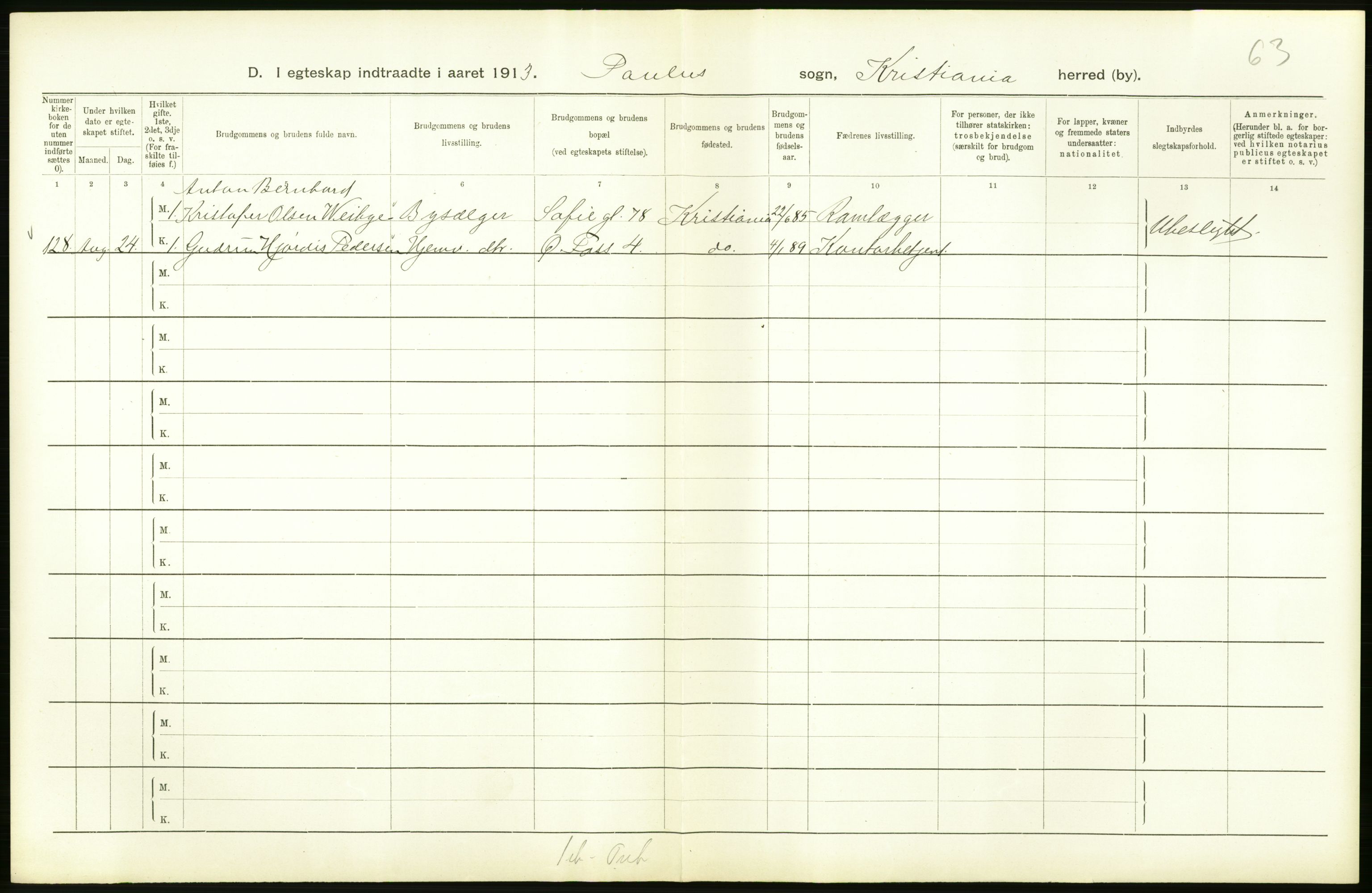 Statistisk sentralbyrå, Sosiodemografiske emner, Befolkning, AV/RA-S-2228/D/Df/Dfb/Dfbc/L0008: Kristiania: Gifte., 1913, s. 304