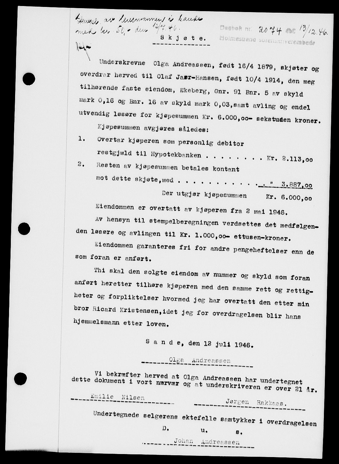 Holmestrand sorenskriveri, SAKO/A-67/G/Ga/Gaa/L0061: Pantebok nr. A-61, 1946-1947, Dagboknr: 2074/1946