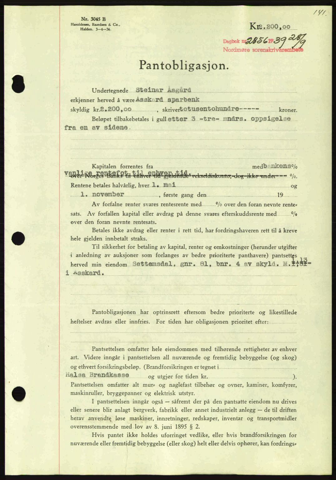 Nordmøre sorenskriveri, AV/SAT-A-4132/1/2/2Ca: Pantebok nr. B86, 1939-1940, Dagboknr: 2856/1939