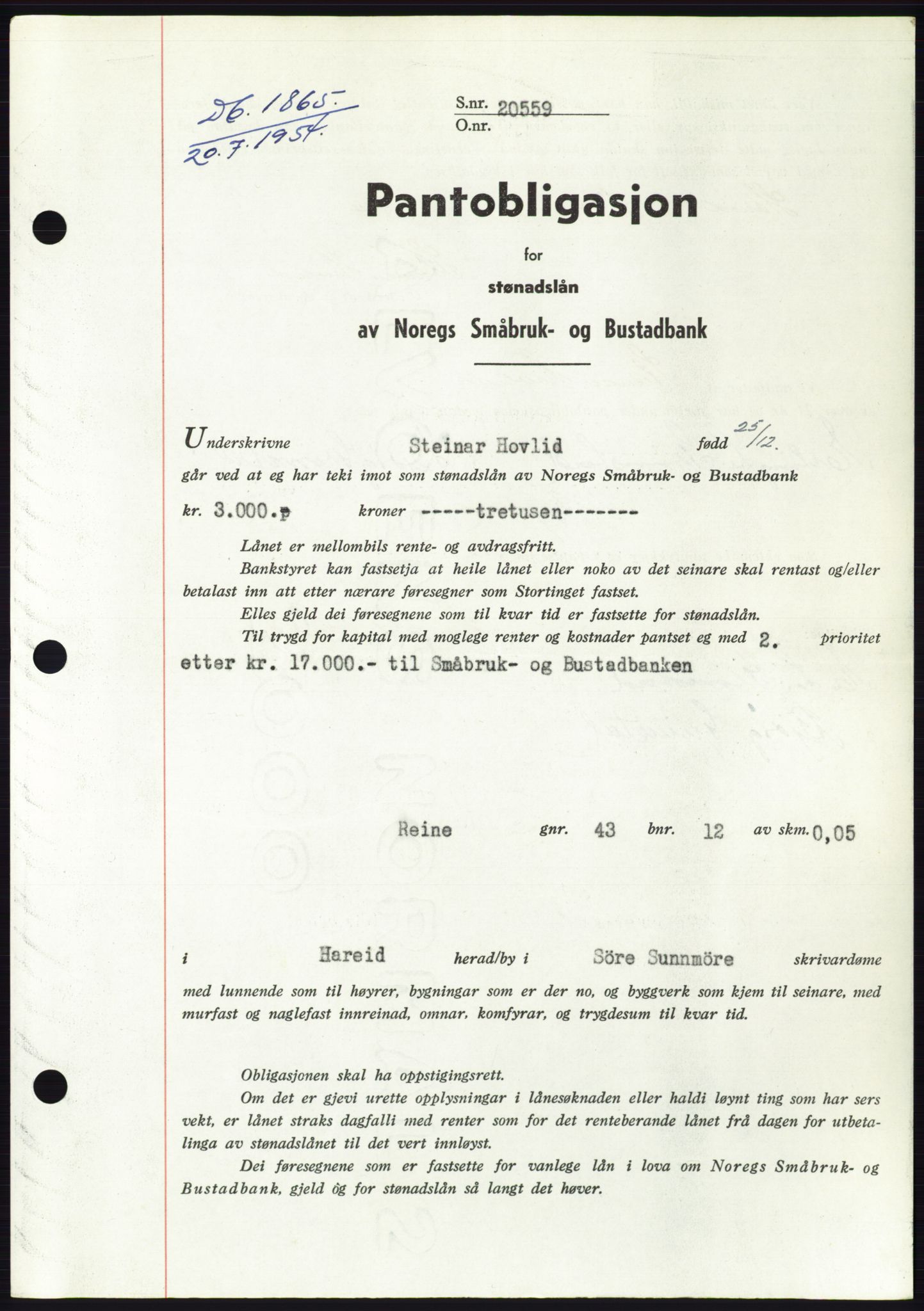 Søre Sunnmøre sorenskriveri, SAT/A-4122/1/2/2C/L0125: Pantebok nr. 13B, 1954-1954, Dagboknr: 1865/1954
