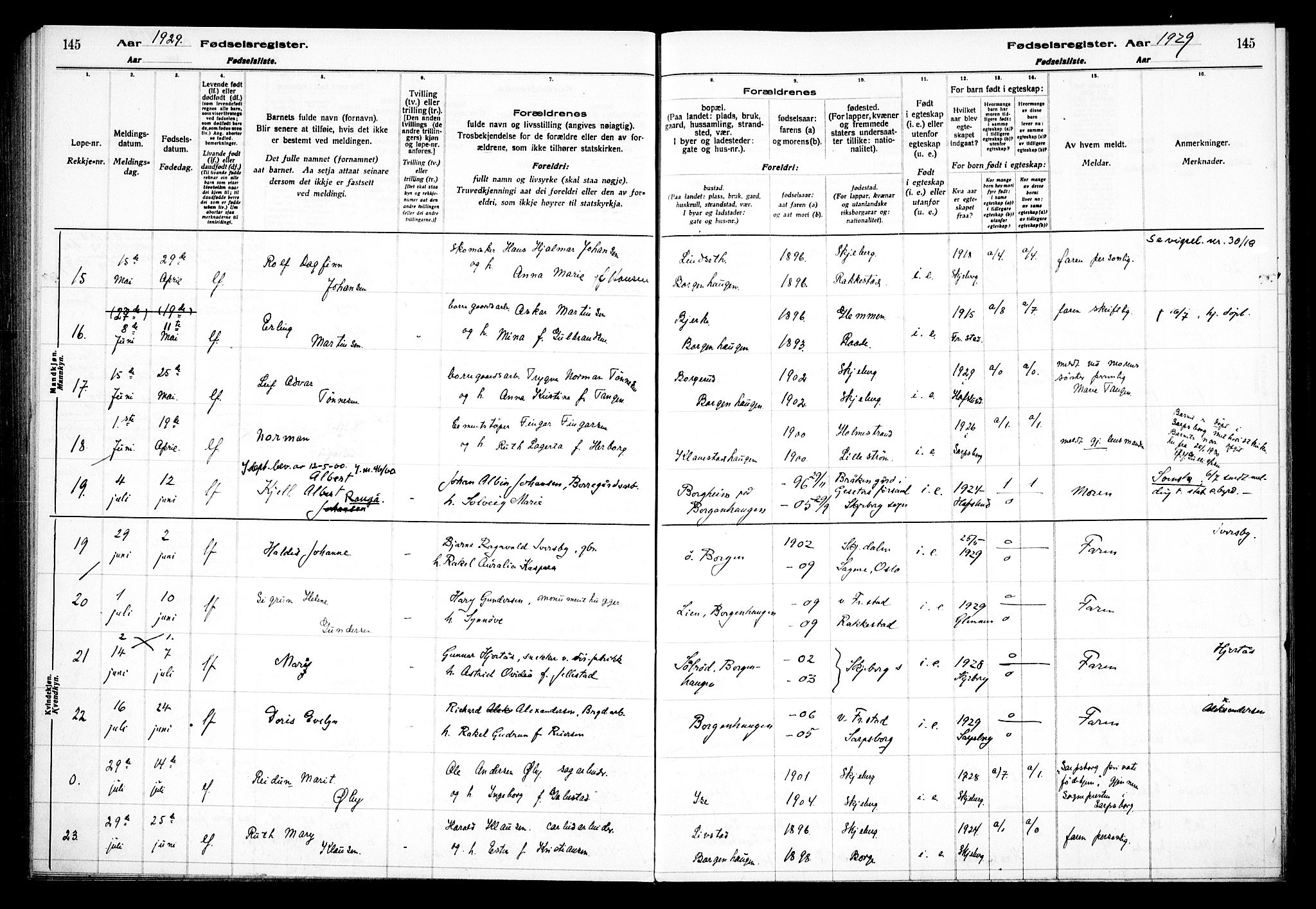 Skjeberg prestekontor Kirkebøker, AV/SAO-A-10923/J/Jd/L0001: Fødselsregister nr. IV 1, 1916-1935, s. 145