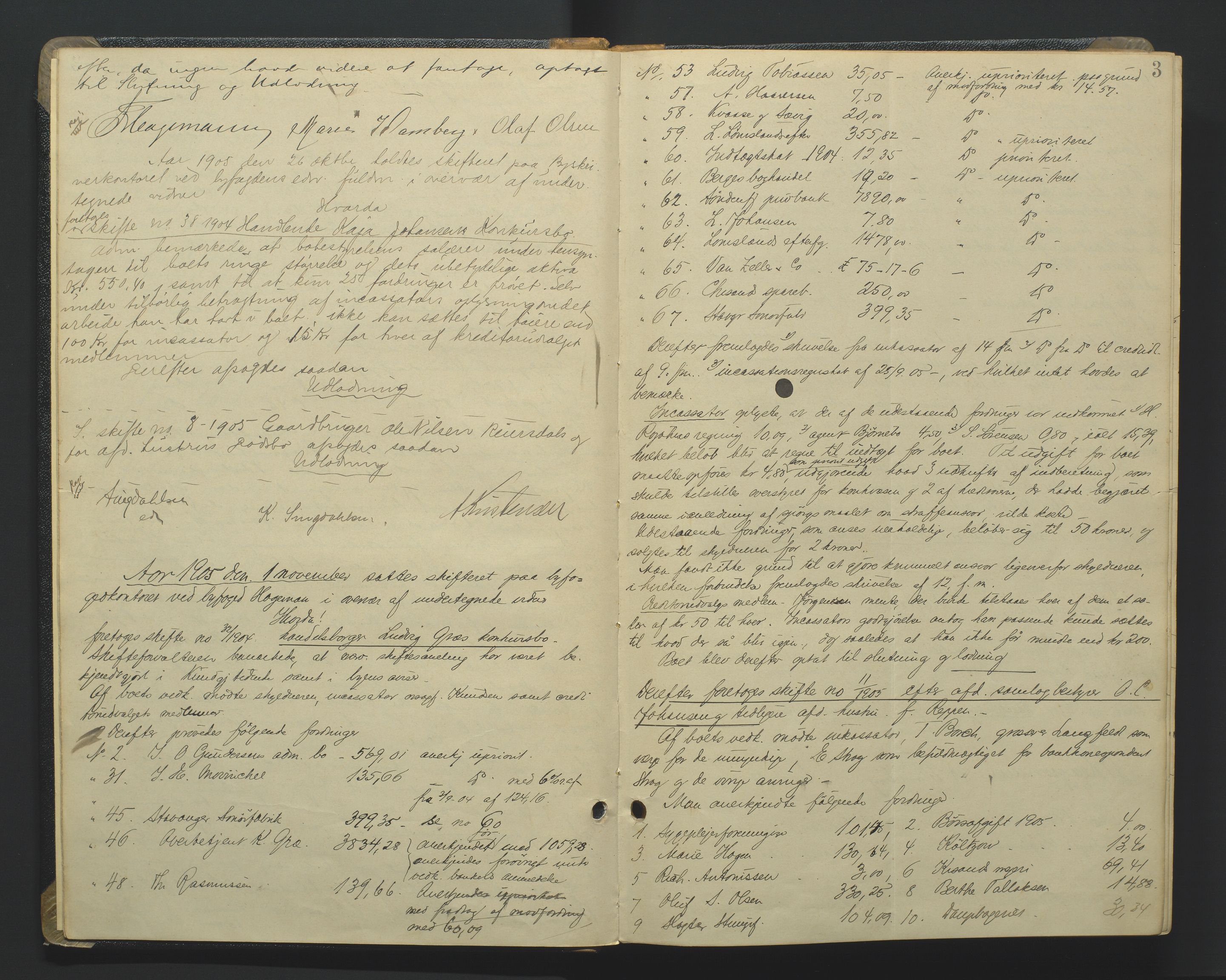 Kristiansand byrett, AV/SAK-1223-0001/H/Hc/L0048: Skifteforhandlingsprotokoll nr. 8, med register, 1905-1913, s. 3