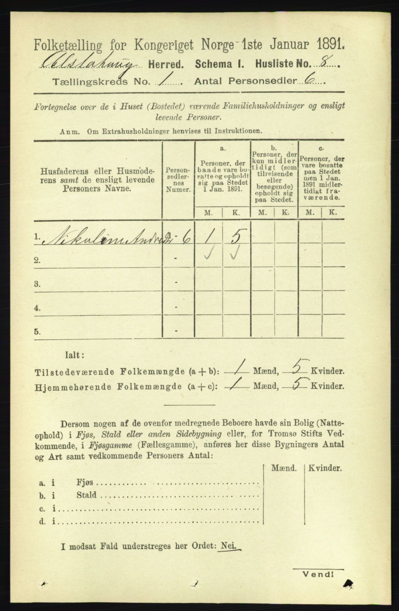 RA, Folketelling 1891 for 1820 Alstahaug herred, 1891, s. 43