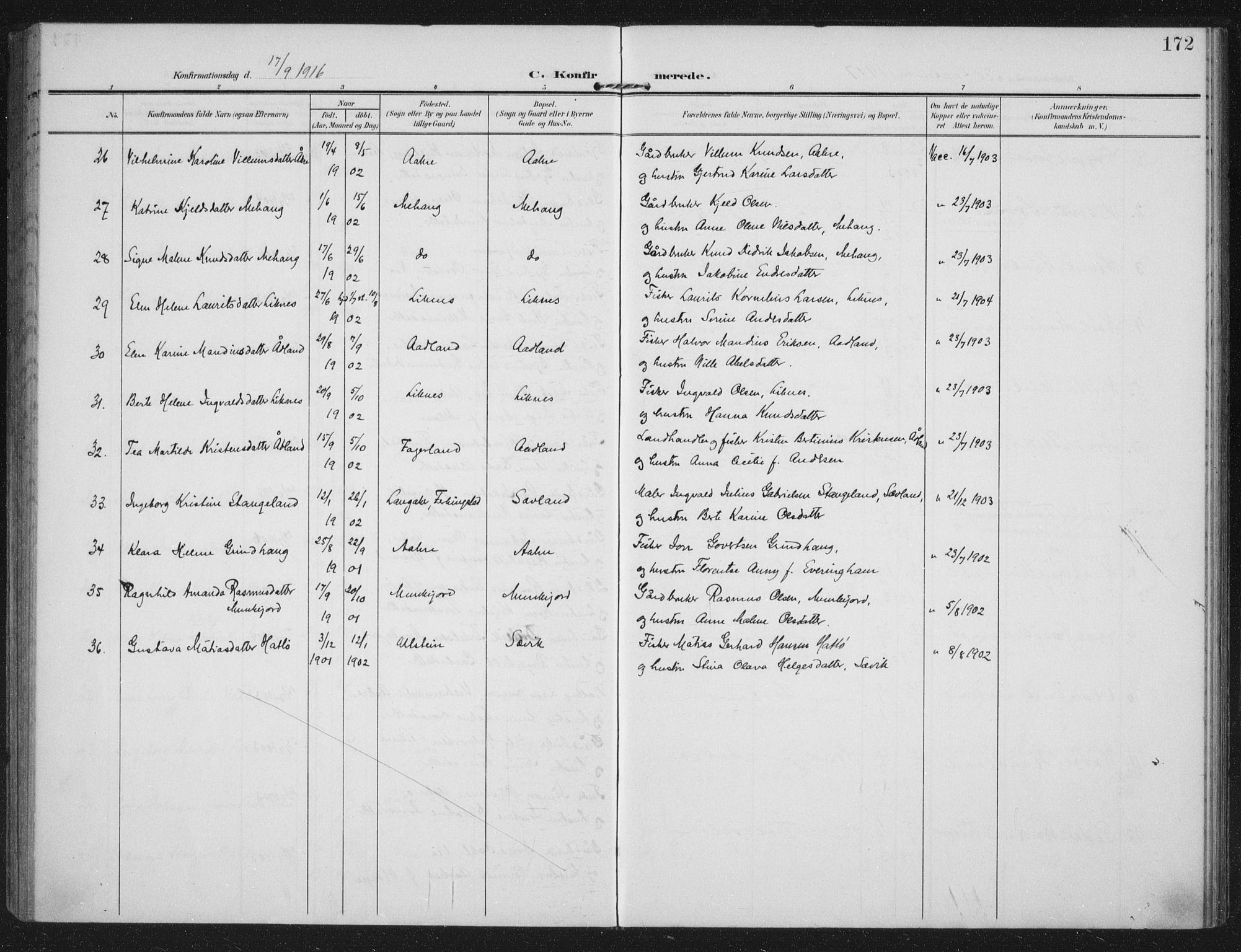 Kopervik sokneprestkontor, AV/SAST-A-101850/H/Ha/Haa/L0005: Ministerialbok nr. A 5, 1906-1924, s. 172