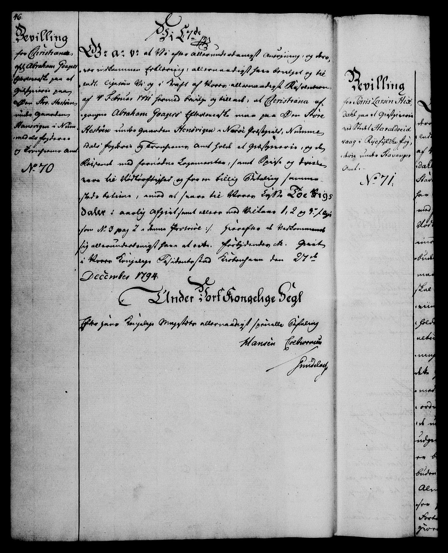 Rentekammeret, Kammerkanselliet, AV/RA-EA-3111/G/Gg/Gga/L0016: Norsk ekspedisjonsprotokoll med register (merket RK 53.16), 1794-1800, s. 46