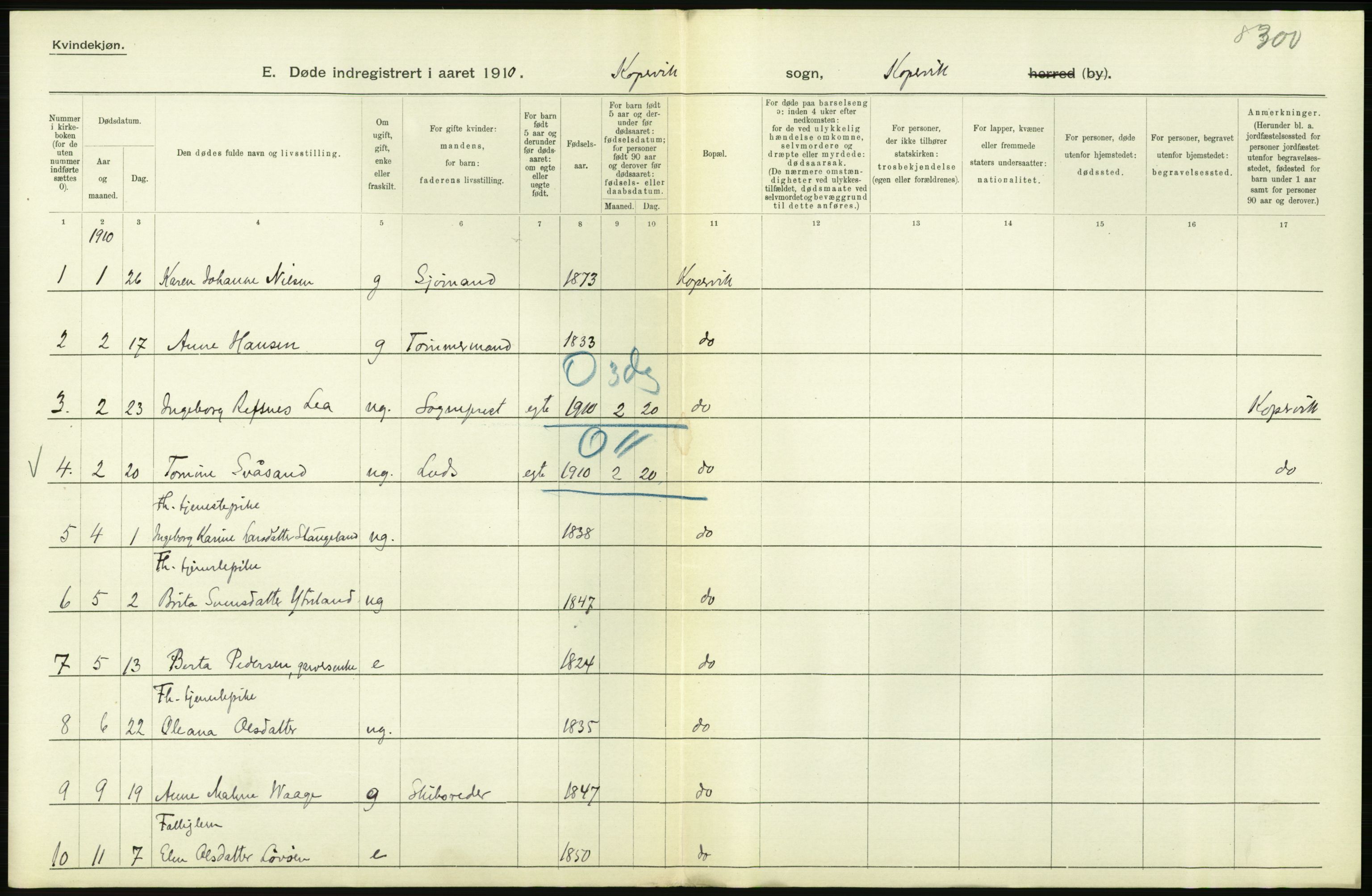 Statistisk sentralbyrå, Sosiodemografiske emner, Befolkning, RA/S-2228/D/Df/Dfa/Dfah/L0024: Stavanger amt: Døde, dødfødte. Bygder og byer., 1910, s. 504