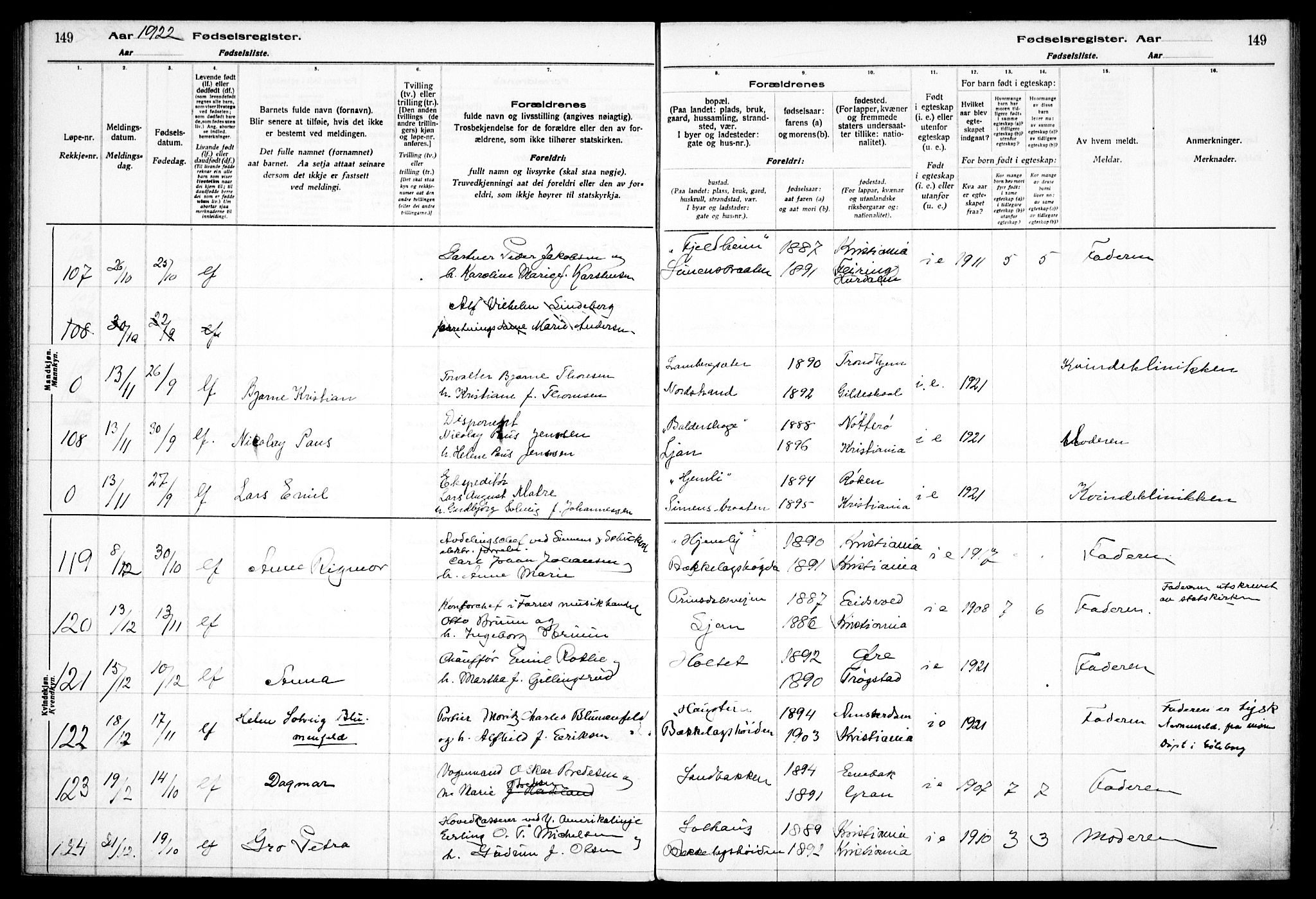 Nordstrand prestekontor Kirkebøker, AV/SAO-A-10362a/J/Ja/L0001: Fødselsregister nr. I 1, 1916-1924, s. 149