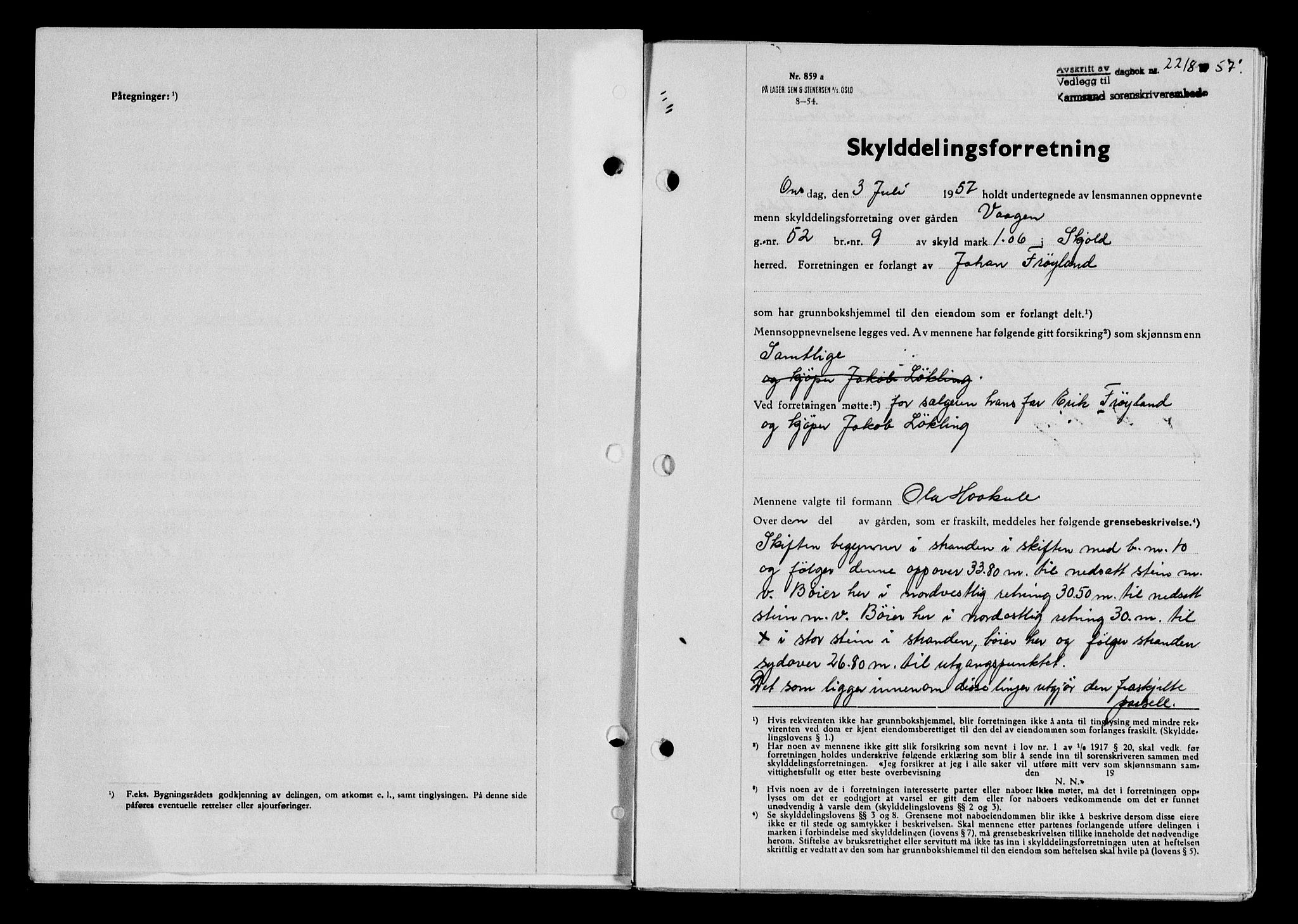 Karmsund sorenskriveri, AV/SAST-A-100311/01/II/IIB/L0125: Pantebok nr. 105A, 1957-1957, Dagboknr: 2218/1957