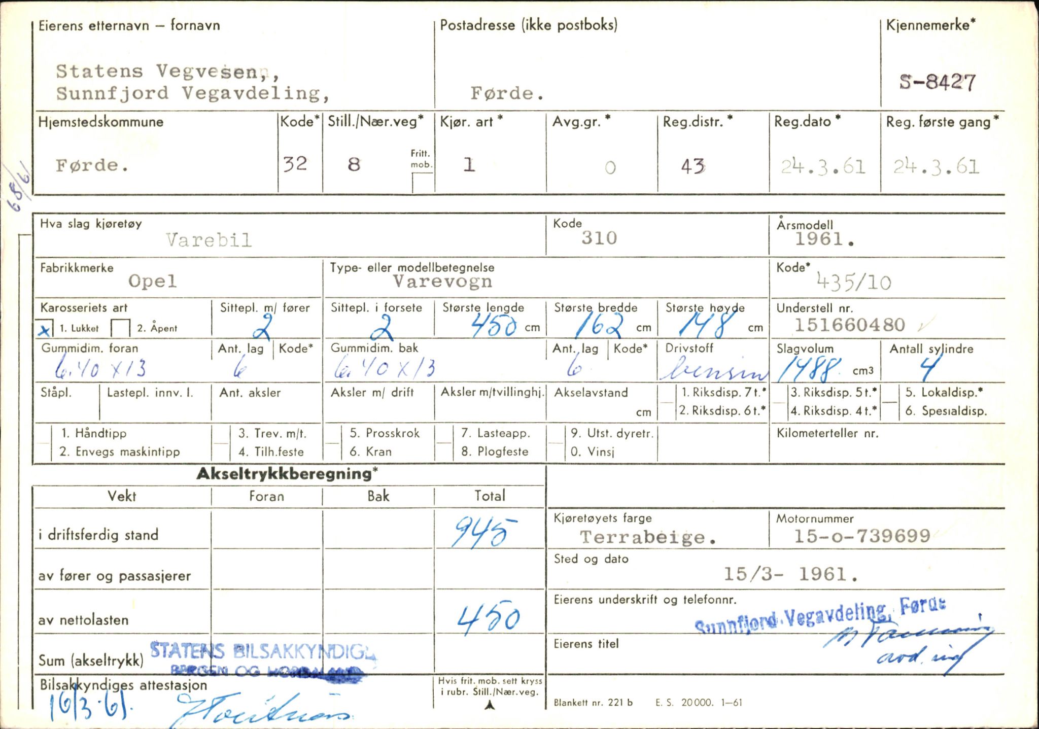 Statens vegvesen, Sogn og Fjordane vegkontor, AV/SAB-A-5301/4/F/L0006: Registerkort utmeldte Fjordane S8300-9500, 1930-1961, s. 205