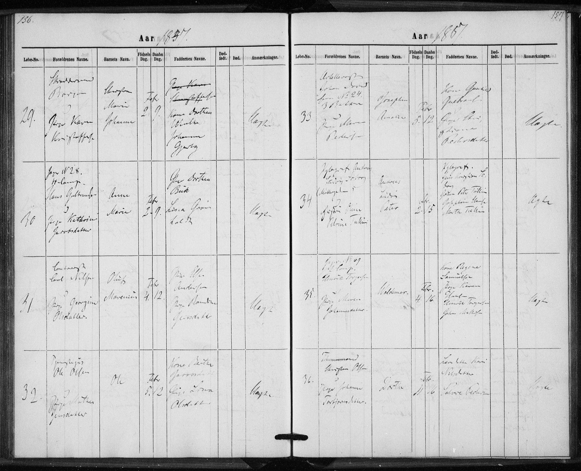 Rikshospitalet prestekontor Kirkebøker, AV/SAO-A-10309b/K/L0002/0001: Dåpsbok nr. 2.1, 1854-1860, s. 156-157