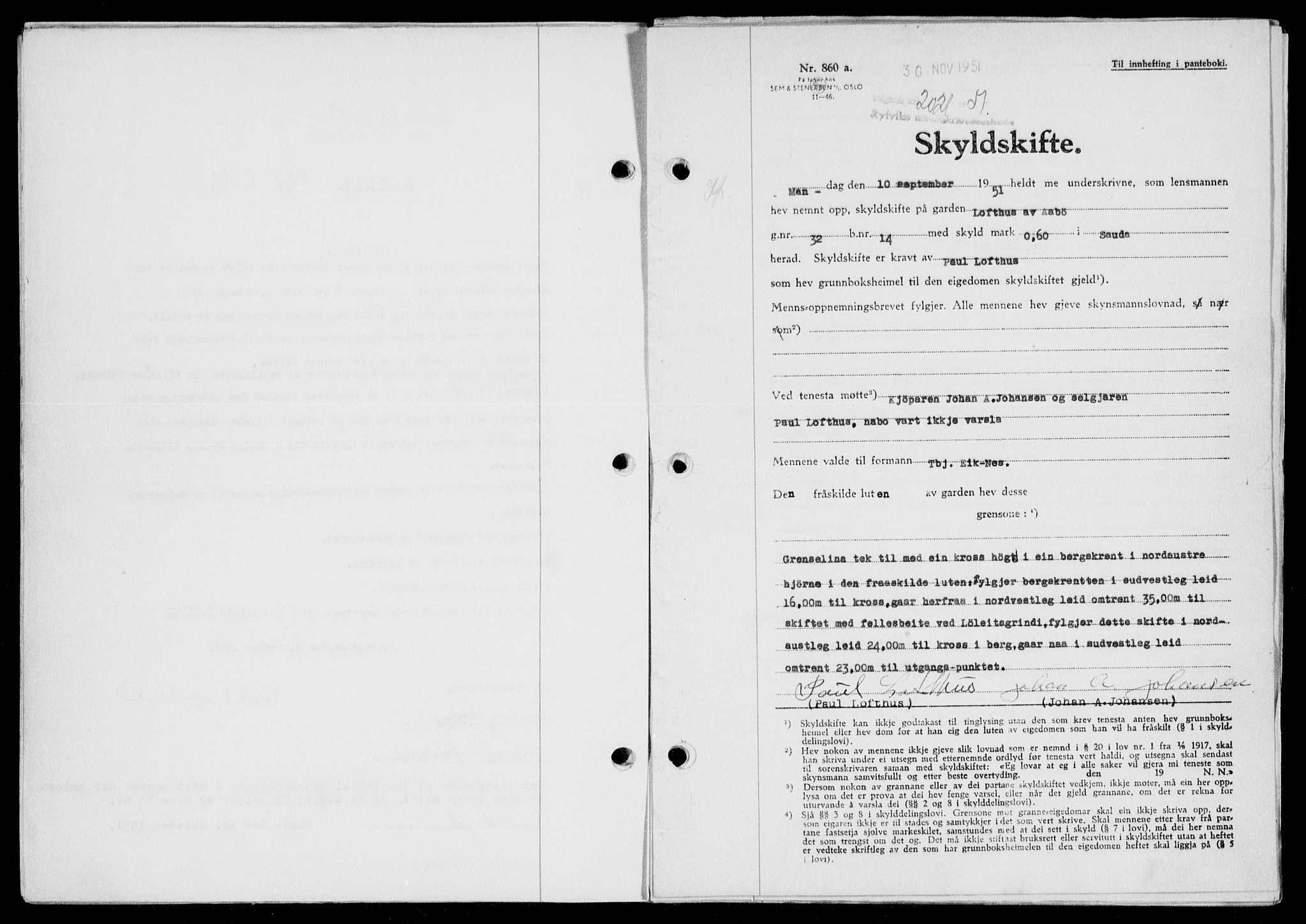 Ryfylke tingrett, SAST/A-100055/001/II/IIB/L0116: Pantebok nr. 95, 1951-1952, Dagboknr: 2021/1951