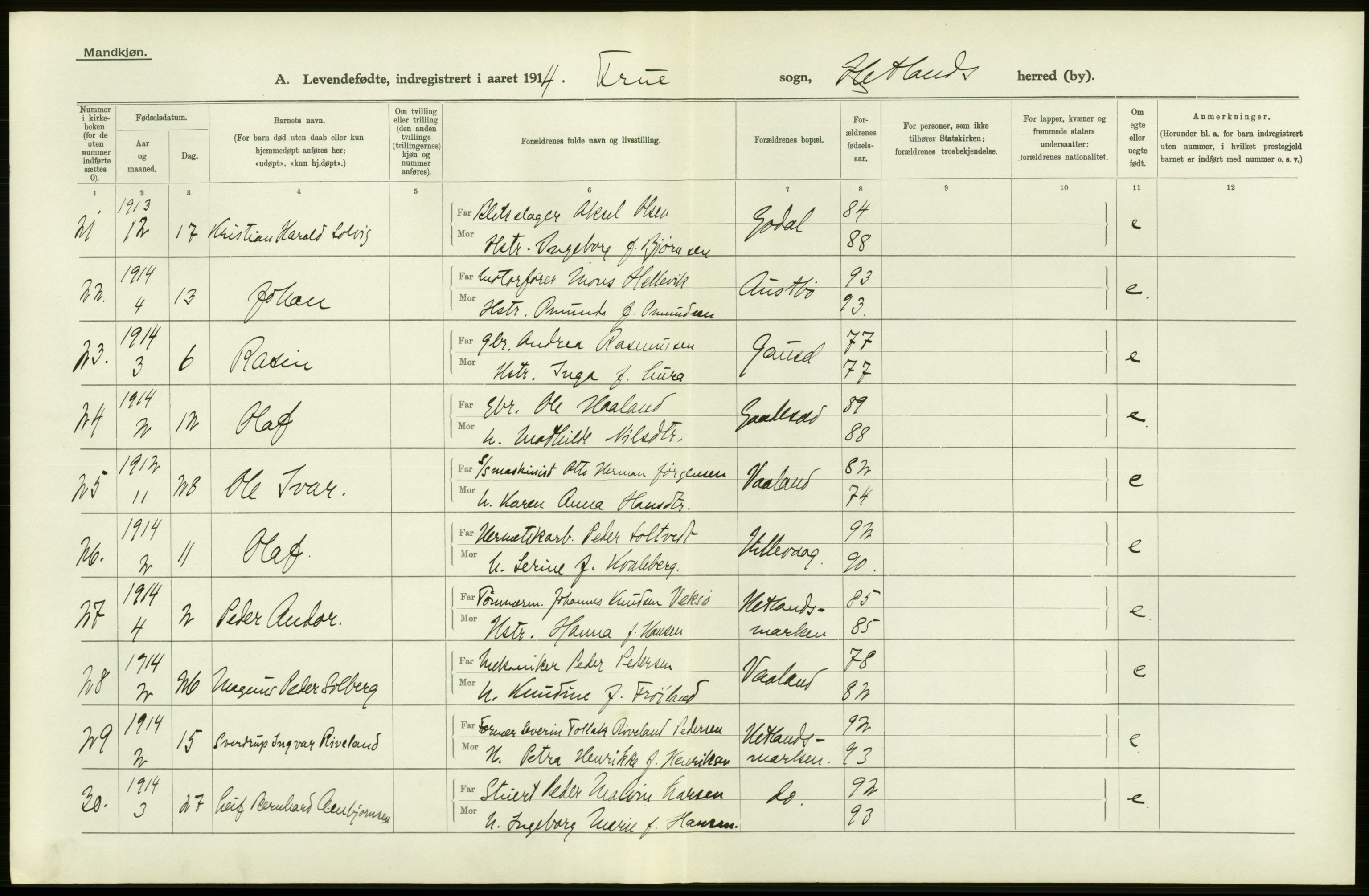 Statistisk sentralbyrå, Sosiodemografiske emner, Befolkning, AV/RA-S-2228/D/Df/Dfb/Dfbd/L0024: Stavanger amt: Levendefødte menn og kvinner. Bygder., 1914, s. 38