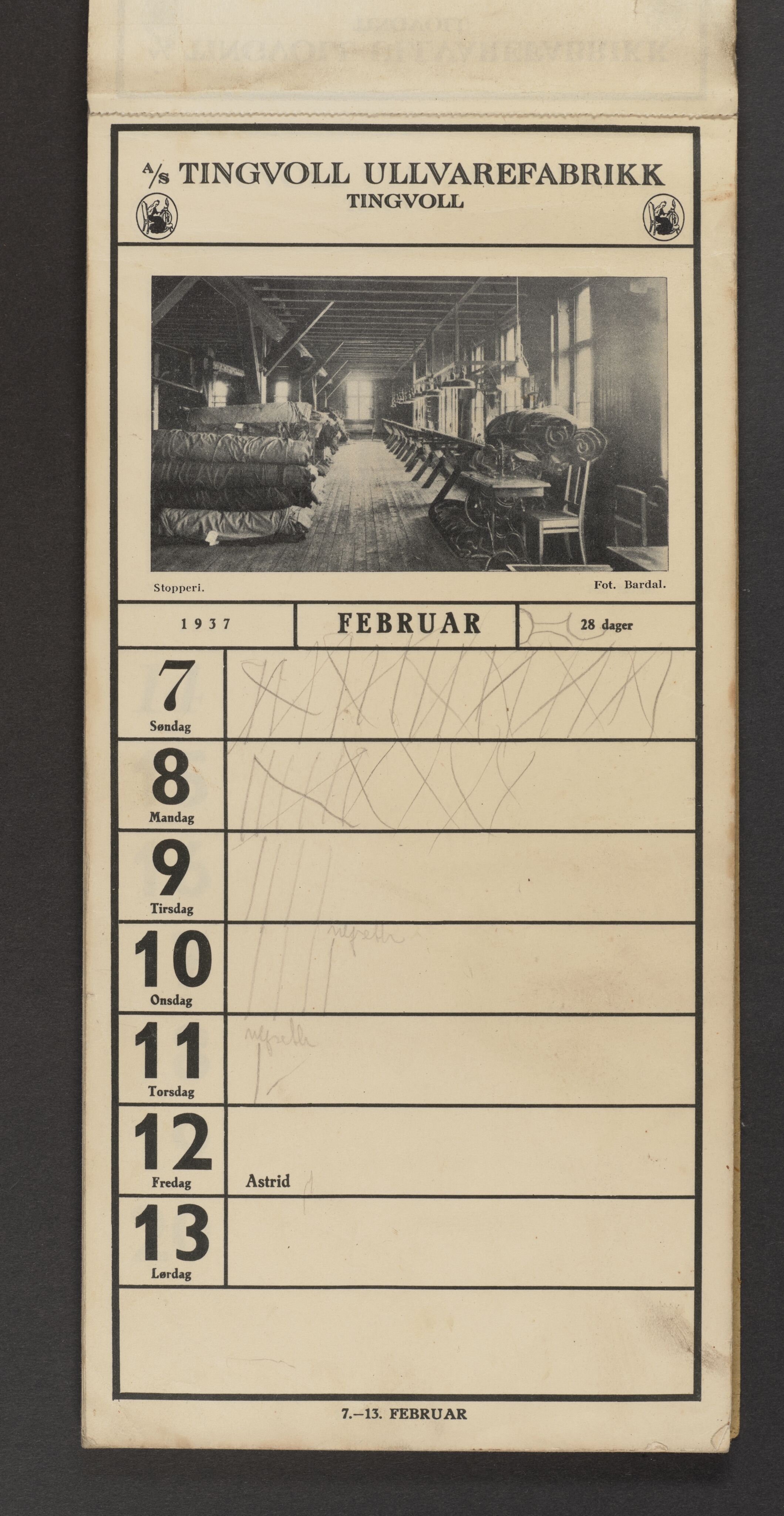 Tingvoll Ullvarefabrikk, IKAM/P-00482/X/Xa/L0002/0004: Egenproduserte trykksaker / Kalender, 1937