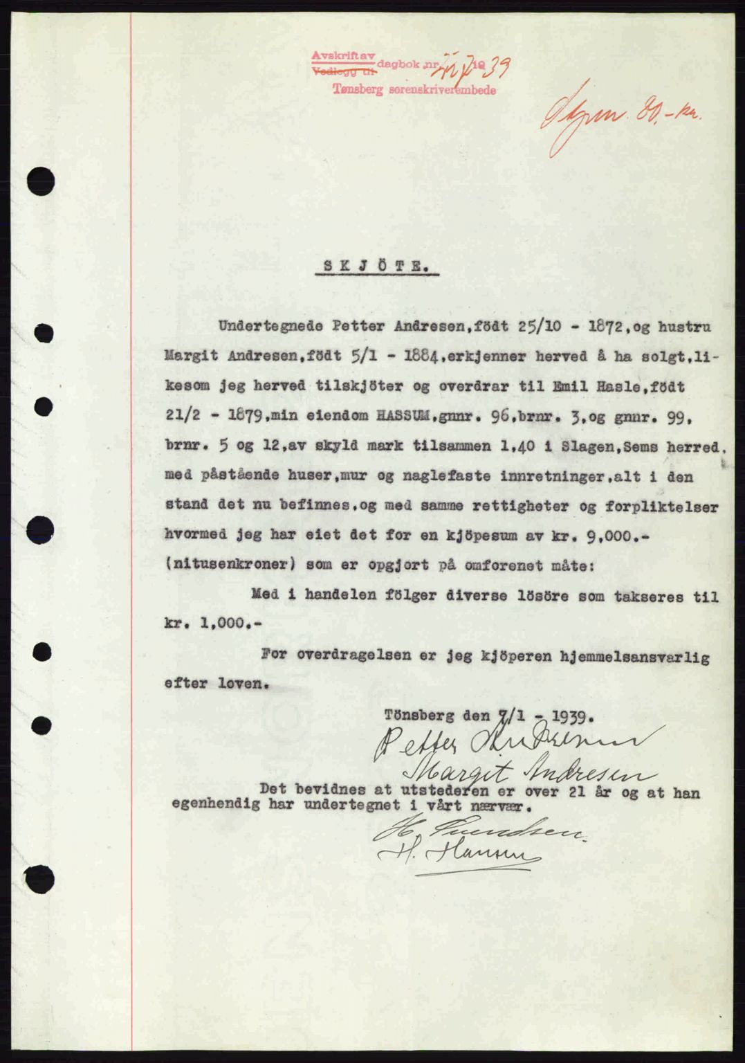 Jarlsberg sorenskriveri, SAKO/A-131/G/Ga/Gaa/L0006: Pantebok nr. A-6, 1938-1939, Dagboknr: 227/1939