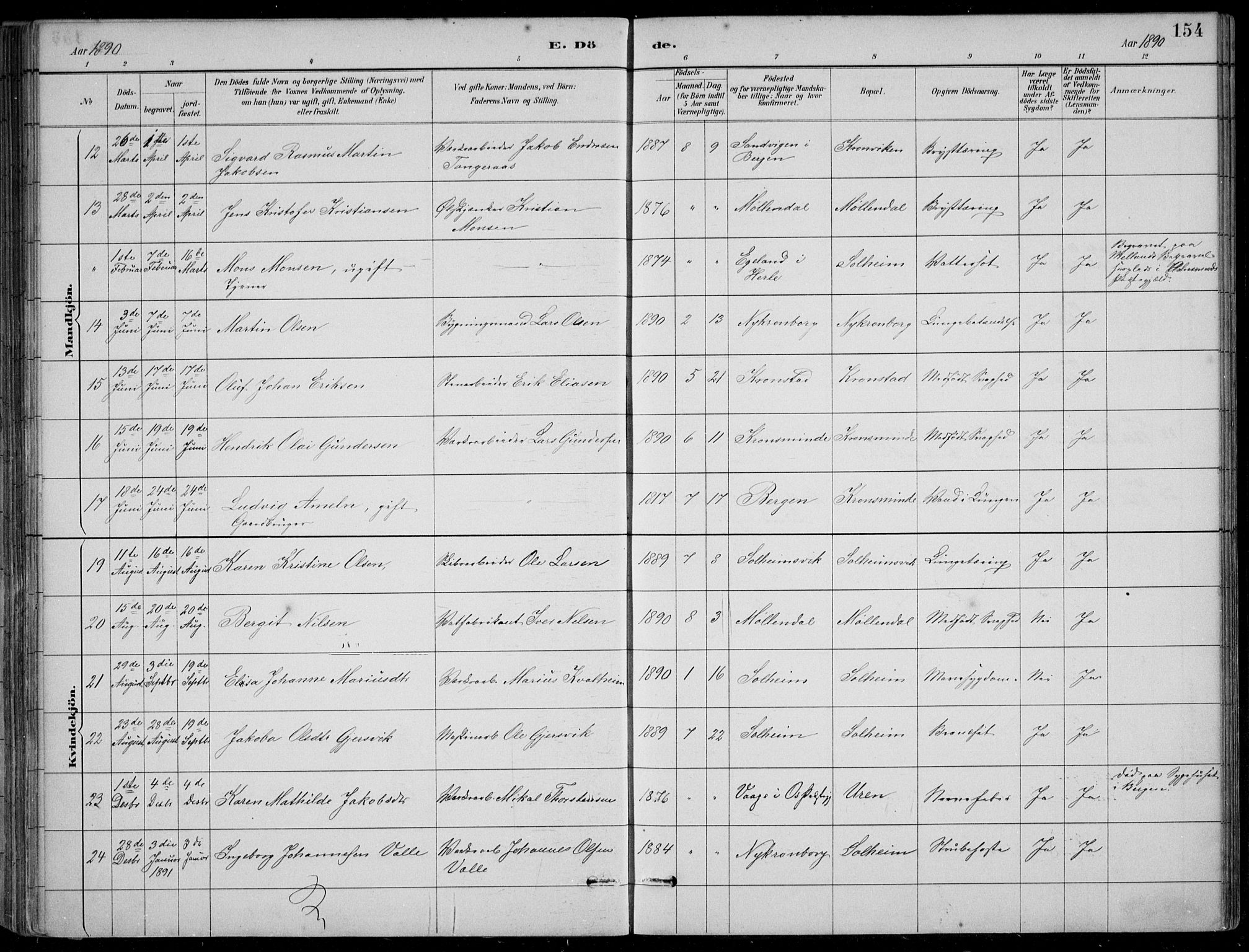 Årstad Sokneprestembete, AV/SAB-A-79301/H/Hab/L0011: Klokkerbok nr. B 1, 1886-1901, s. 154