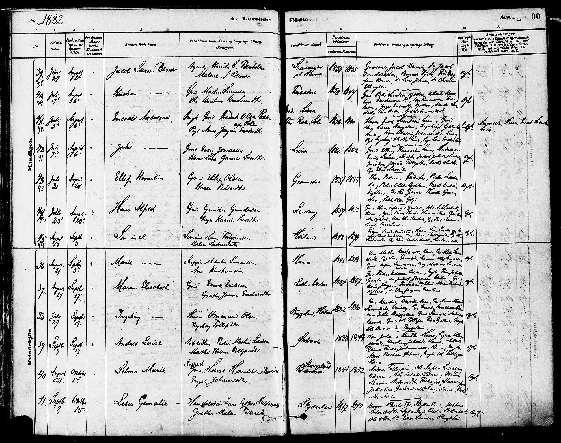Høyland sokneprestkontor, AV/SAST-A-101799/001/30BA/L0011: Ministerialbok nr. A 10, 1878-1888, s. 30
