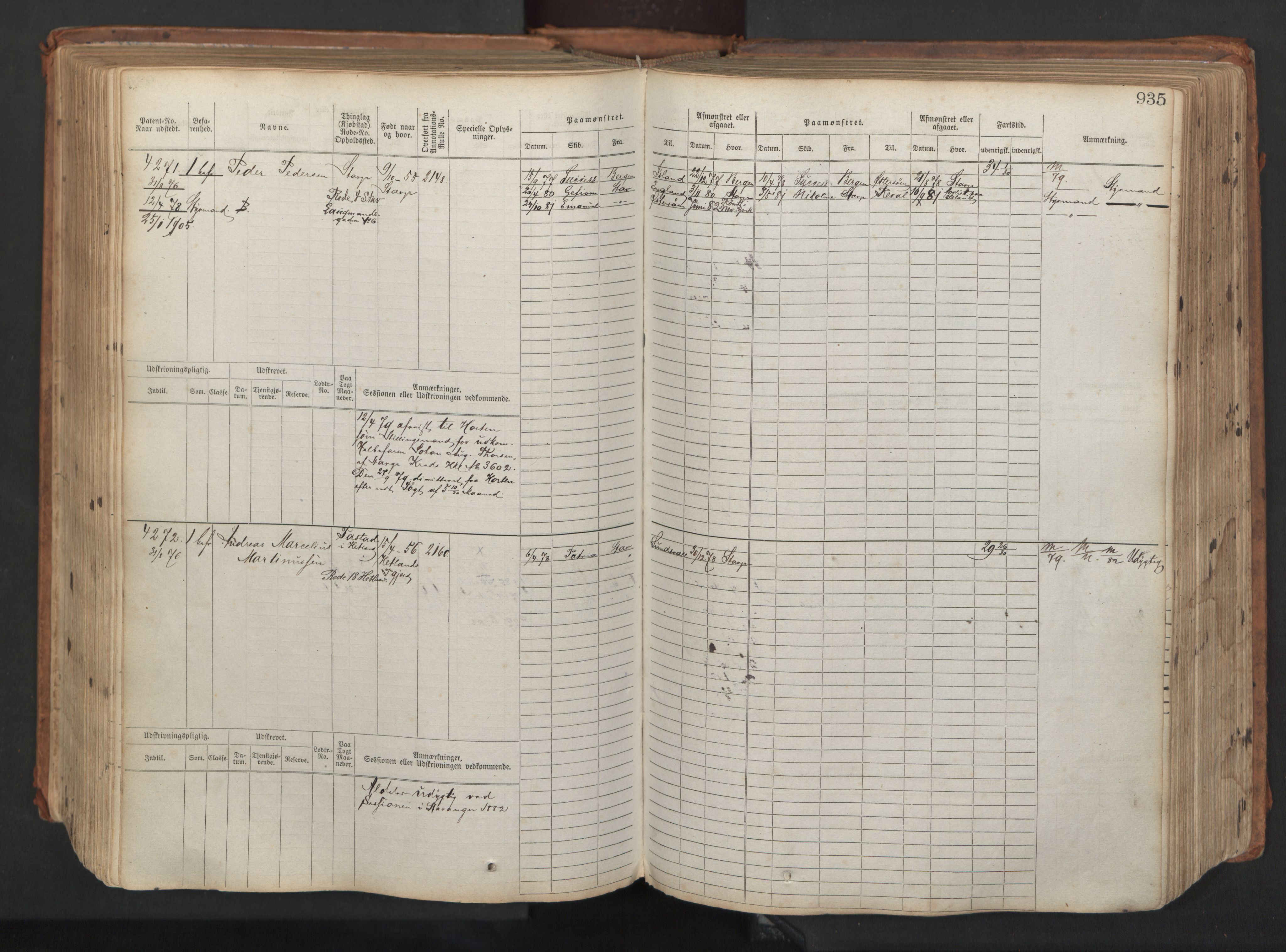 Stavanger sjømannskontor, AV/SAST-A-102006/F/Fb/Fbb/L0008: Sjøfartshovedrulle, patentnr. 3605-4804, 1873, s. 387