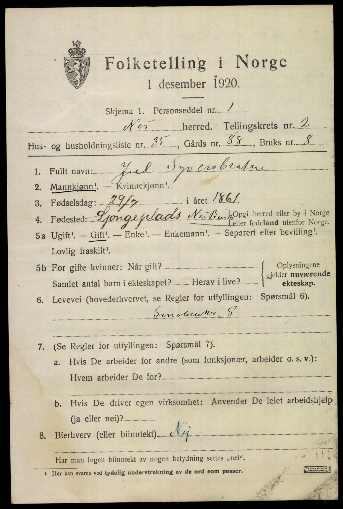 SAKO, Folketelling 1920 for 0616 Nes herred, 1920, s. 1616