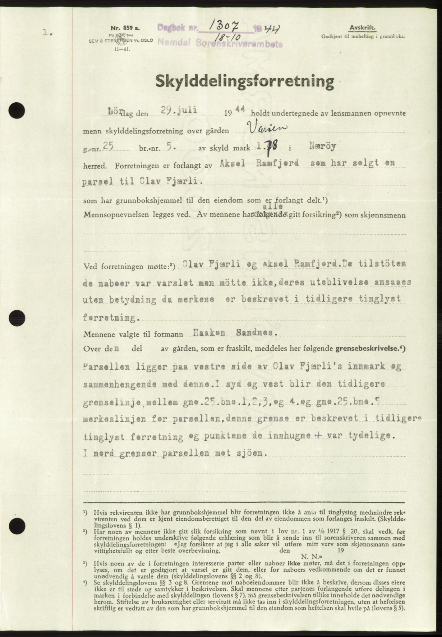 Namdal sorenskriveri, SAT/A-4133/1/2/2C: Pantebok nr. -, 1944-1945, Dagboknr: 1307/1944
