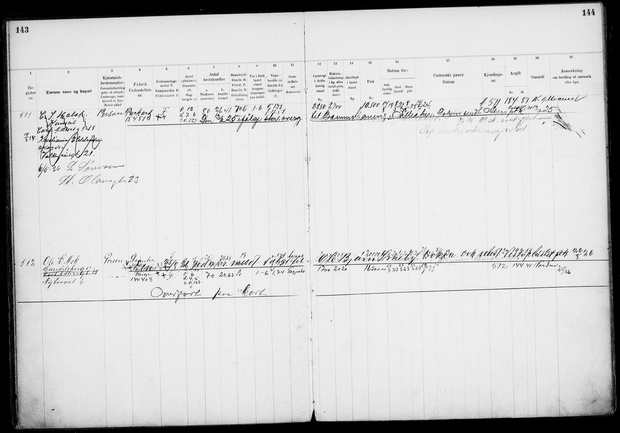 Vegdirektoratet, Bilavdelingen M, AV/RA-S-1663/F/Fa/L0002: Bilregisterprotokoll. Reg.nr. A1-A29 og A400-A902, 1913-1926, s. 143-144